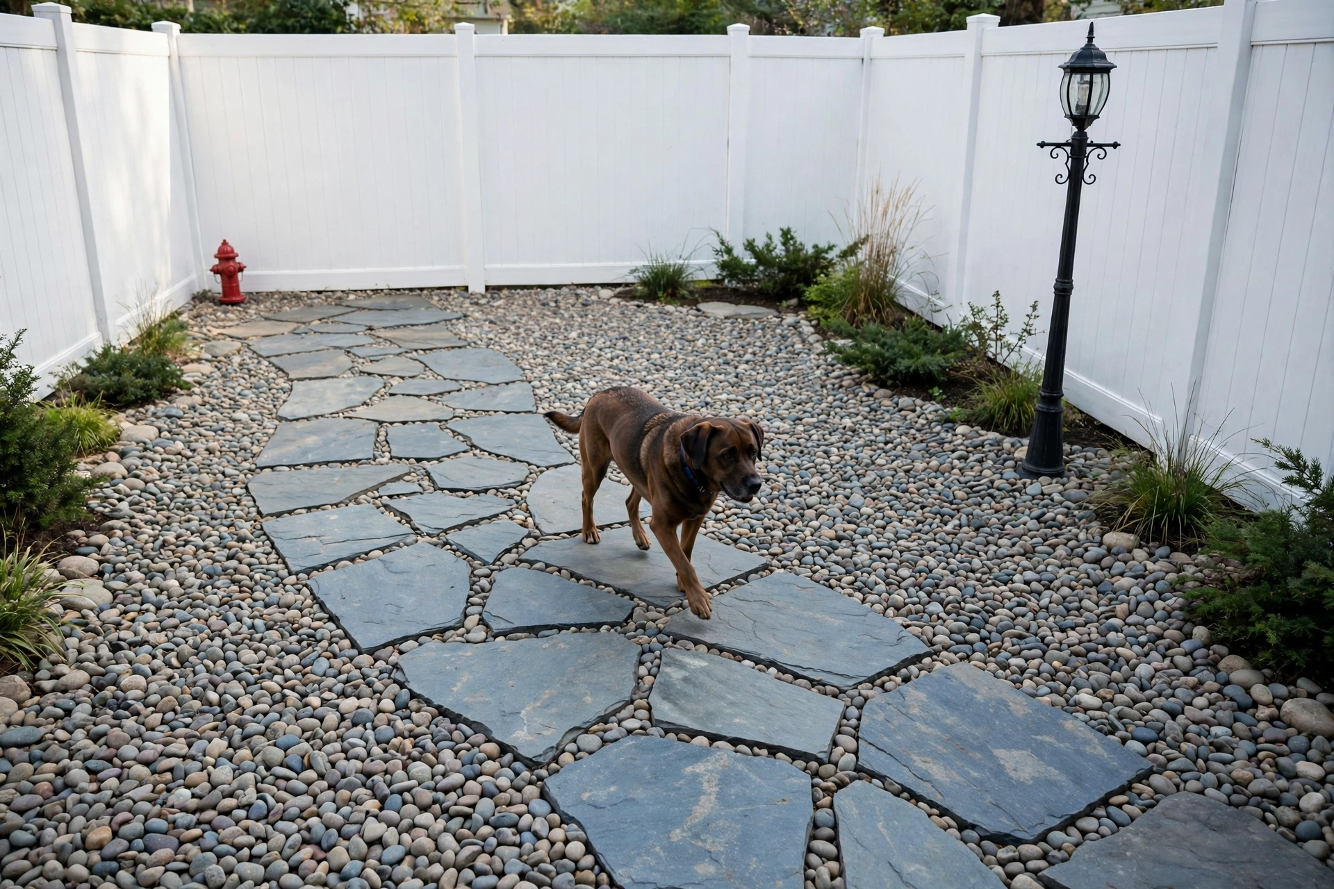 Fenced flagstone and gravel dog potty yard with lamp post