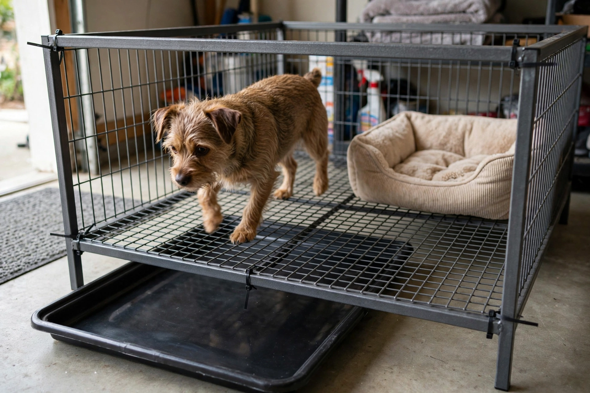 Raised wire mesh dog potty tray station with drip tray