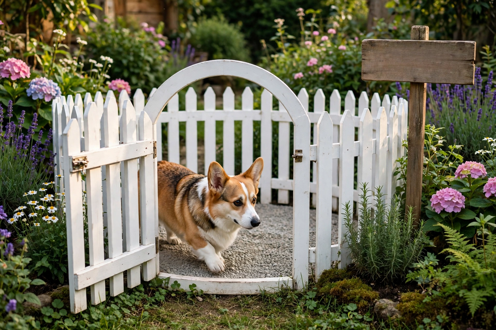 White picket fence garden gate enclosing a small dog potty spot