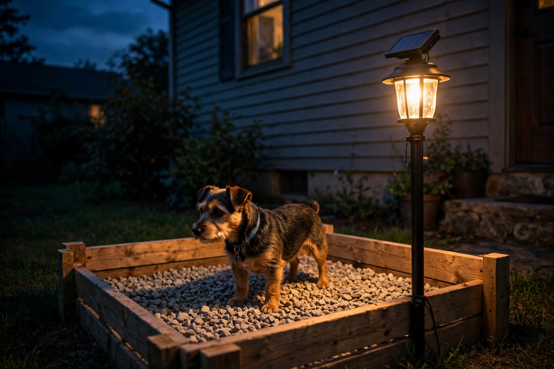 Dog potty station illuminated by solar path lights at night