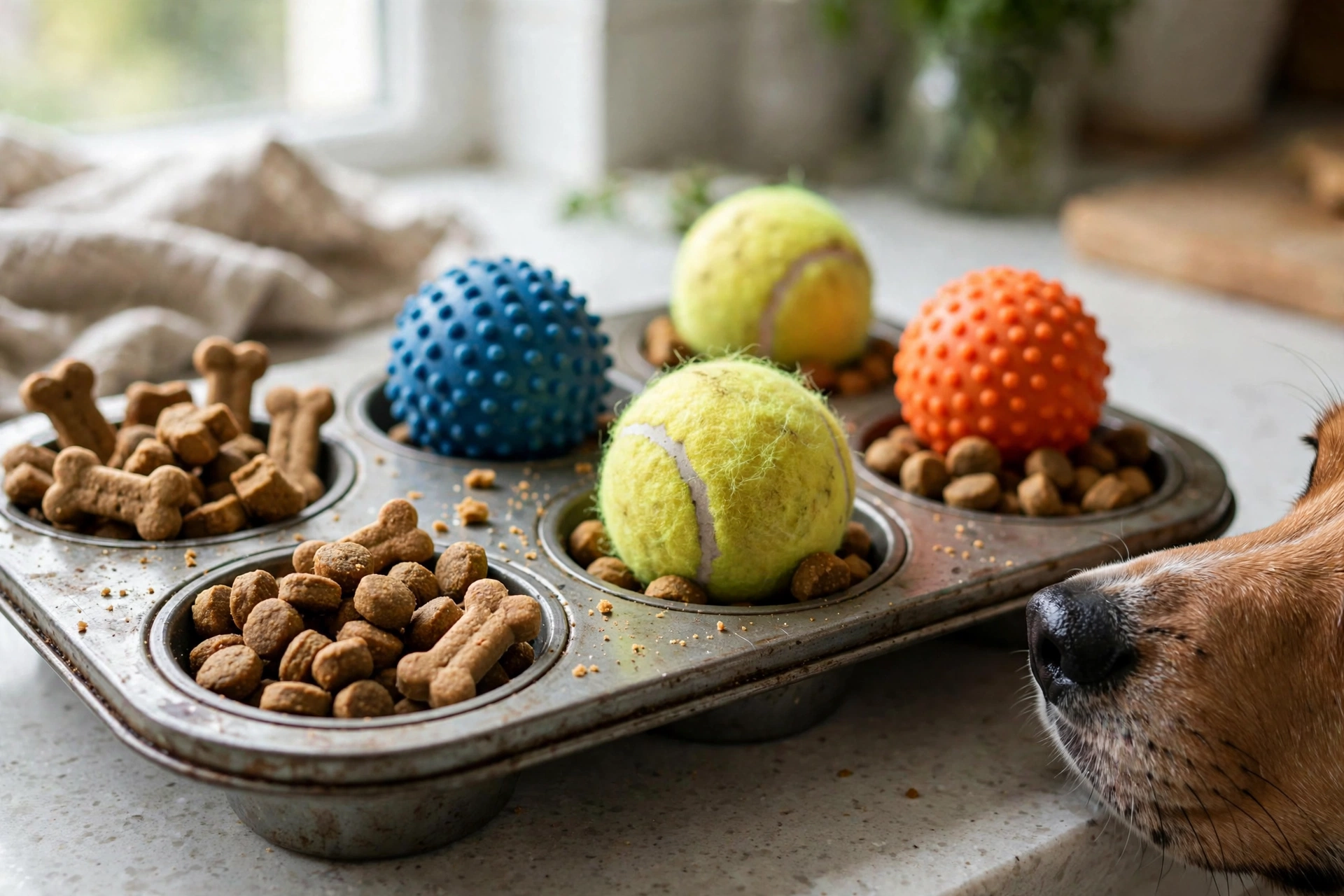 Muffin tin DIY dog puzzle with treats hidden under dog balls