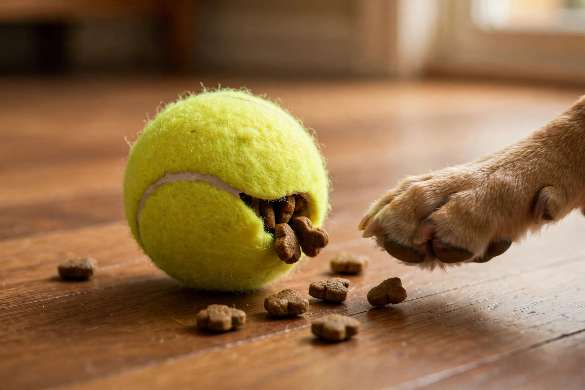 Tennis ball with a slit cut in the side dispensing dog kibble as a DIY puzzle