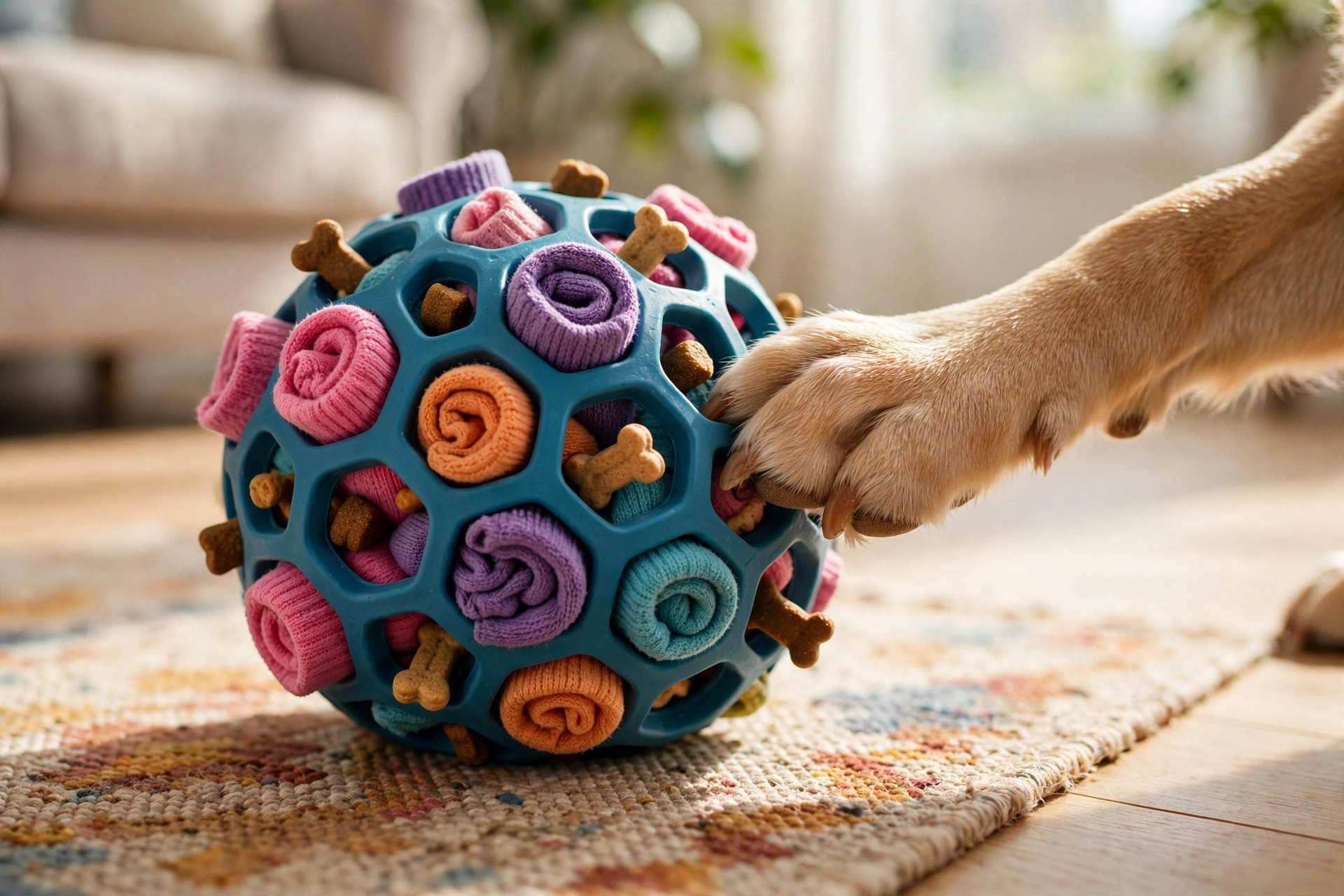 Rubber lattice dog ball stuffed with colorful socks and treats for sniffing enrichment