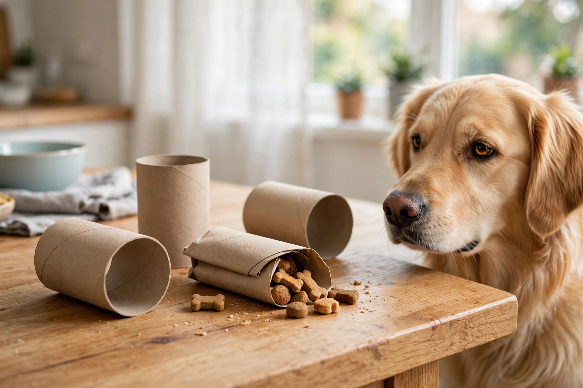 Empty toilet paper rolls used as free DIY dog puzzles filled with treats