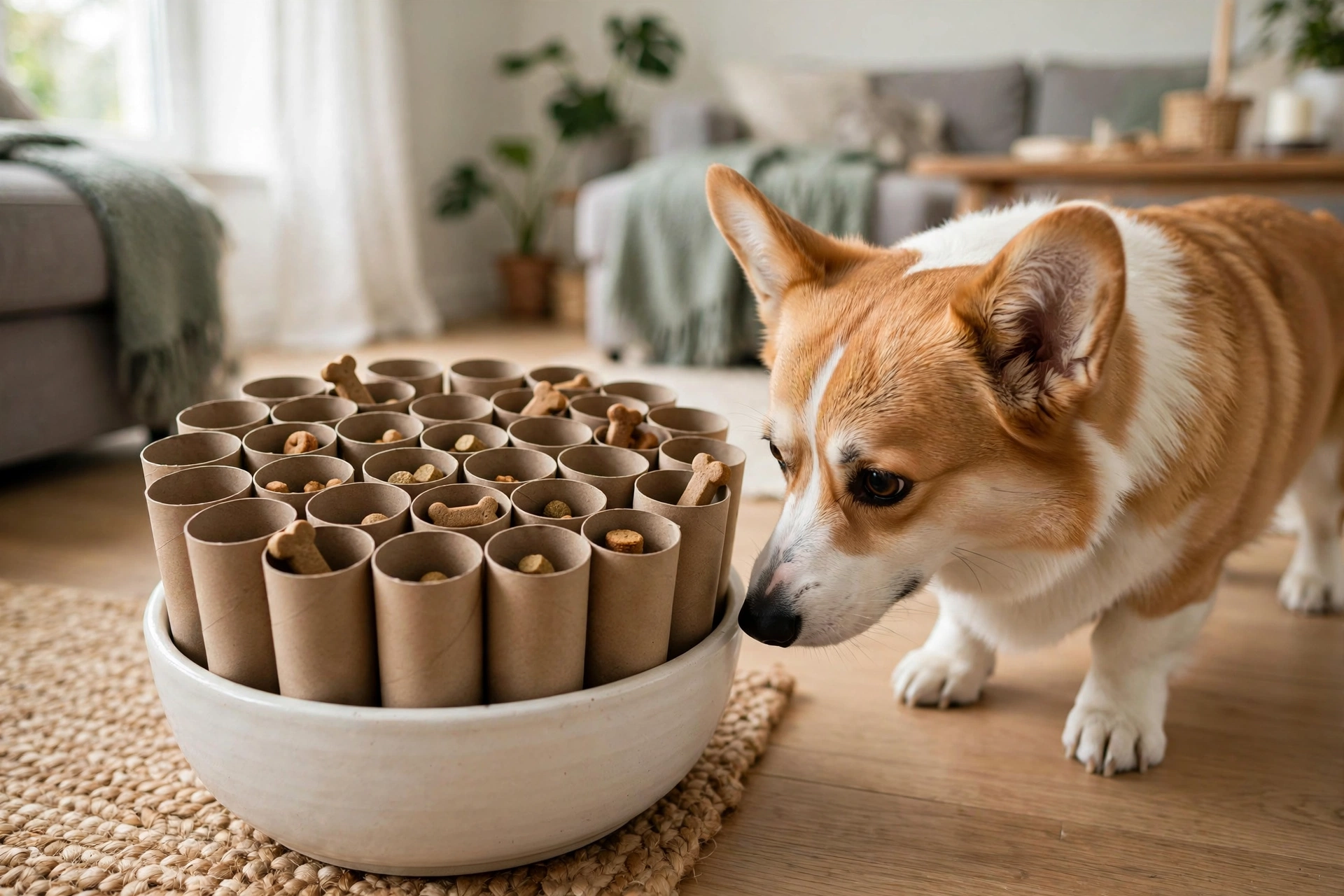 Bowl packed with upright toilet paper roll tubes hiding treats for a dog sniffing game