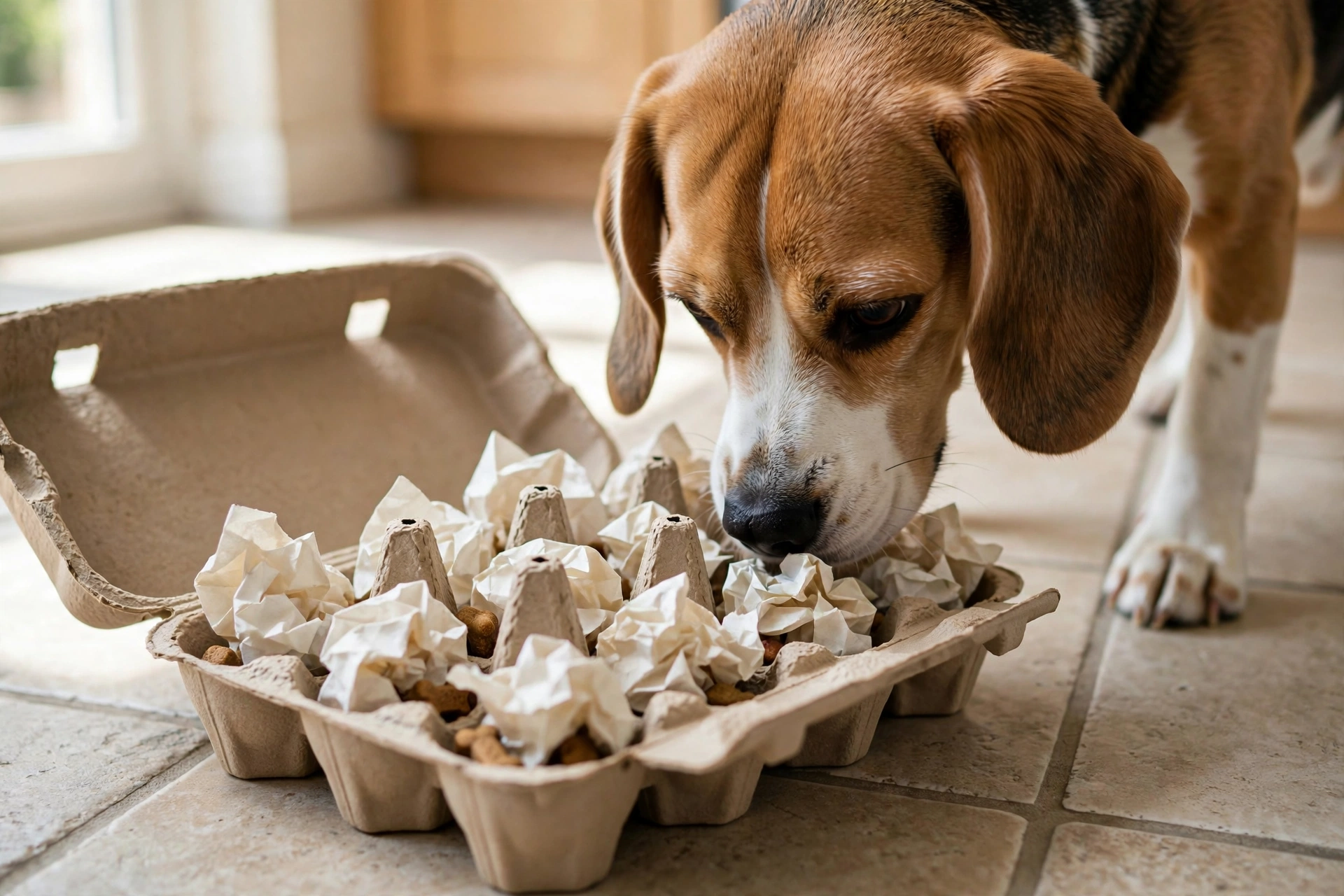 Egg carton DIY dog puzzle with treats hidden under paper squares