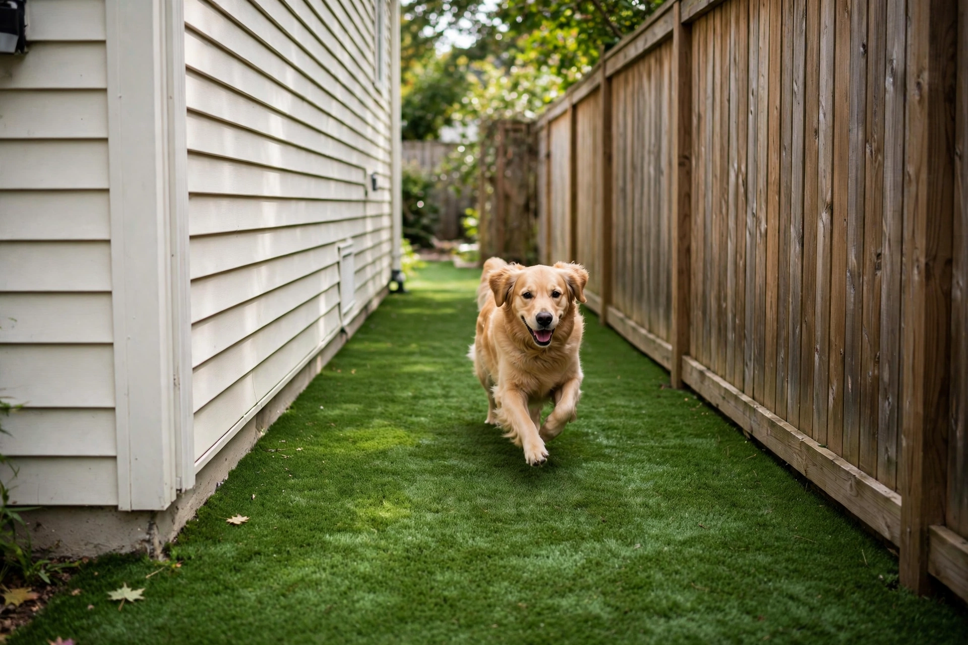 Narrow side yard dog run covered in artificial turf with a dog running on it