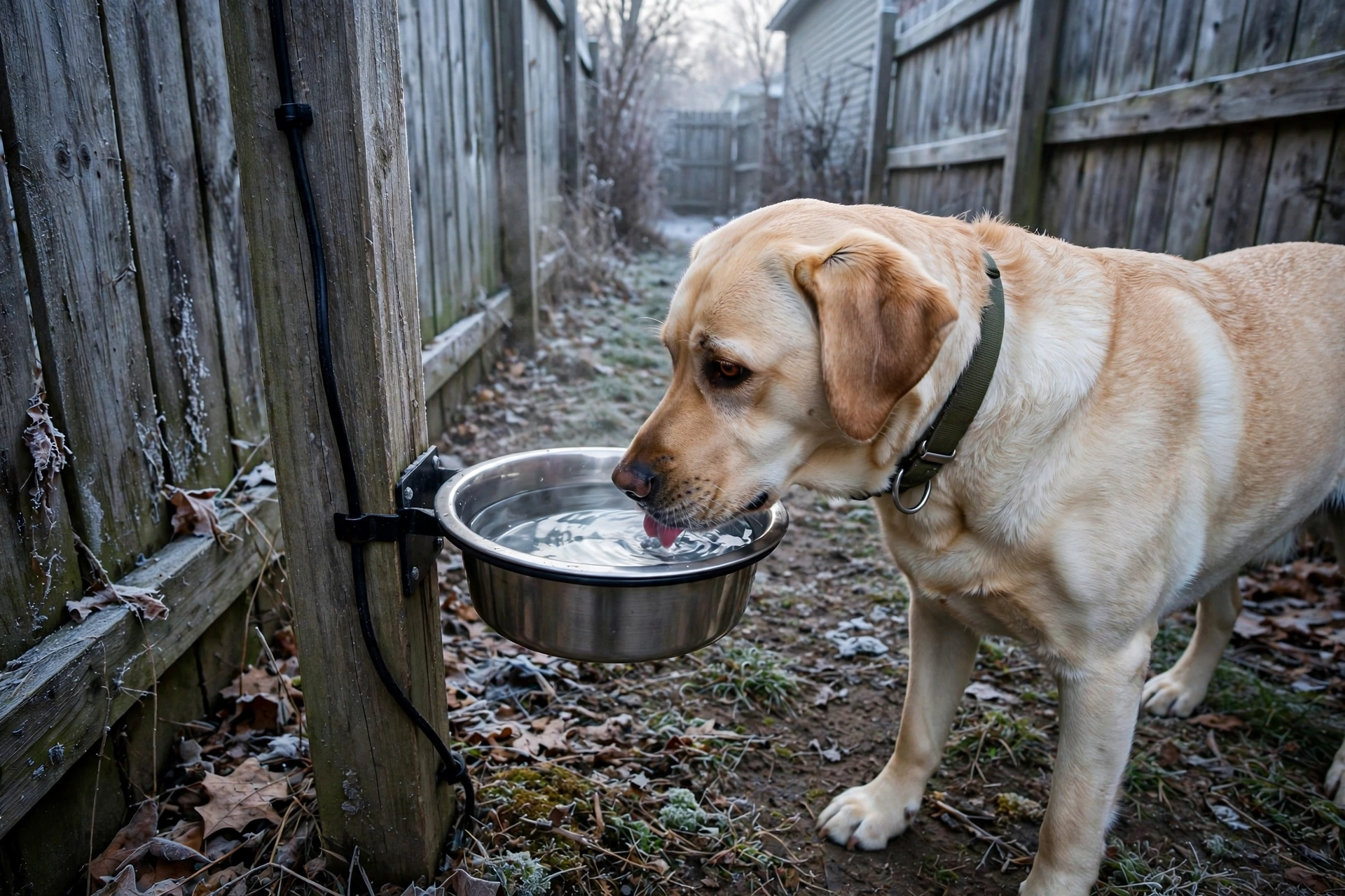 Heated water bowl at a post in a side yard dog run with a dog drinking