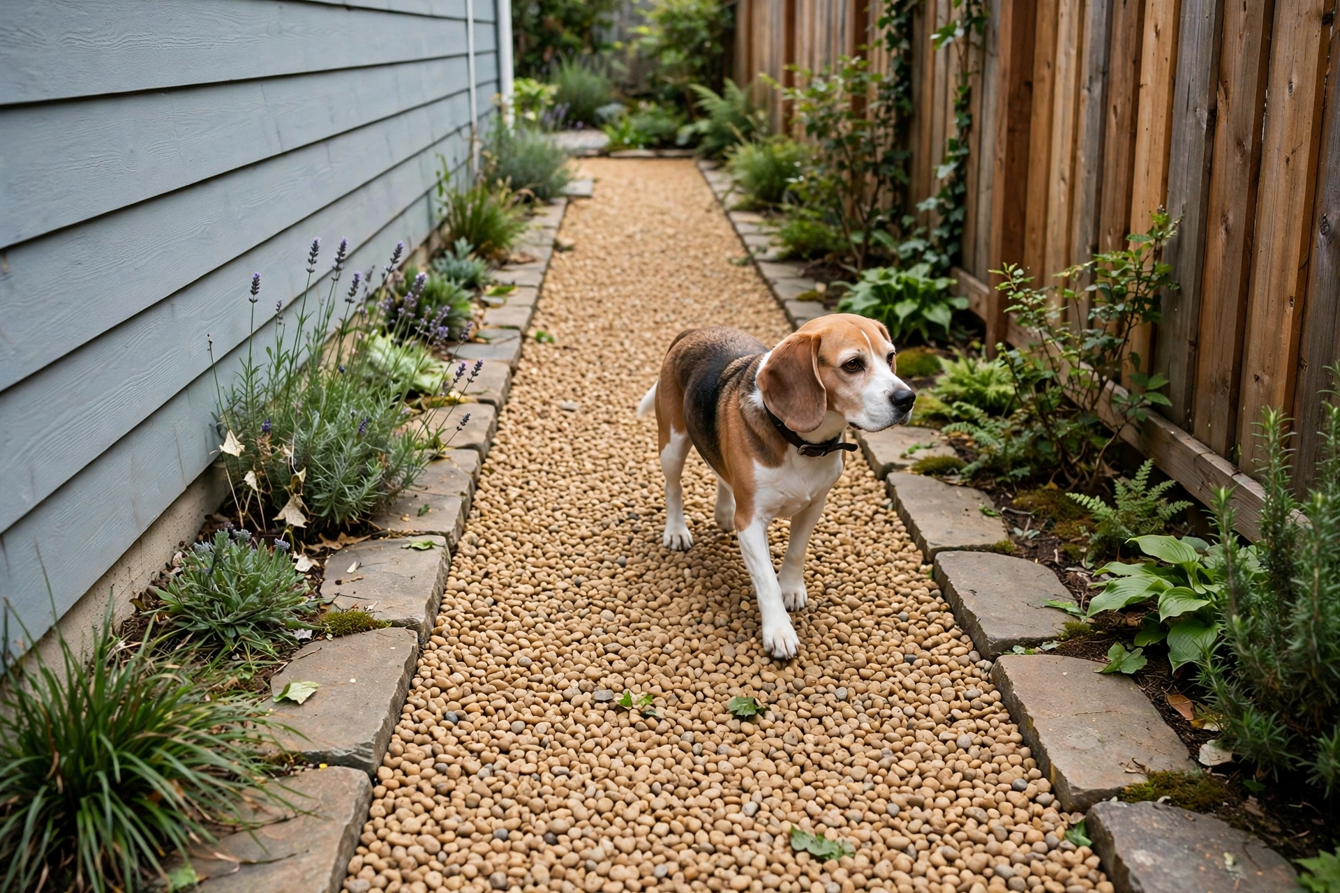 Narrow side yard dog run strip covered in pea gravel with stone borders
