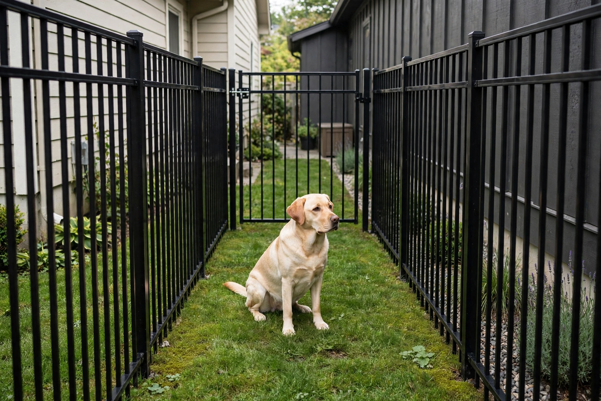 Narrow side yard dog run with black metal fence panels and a latched gate