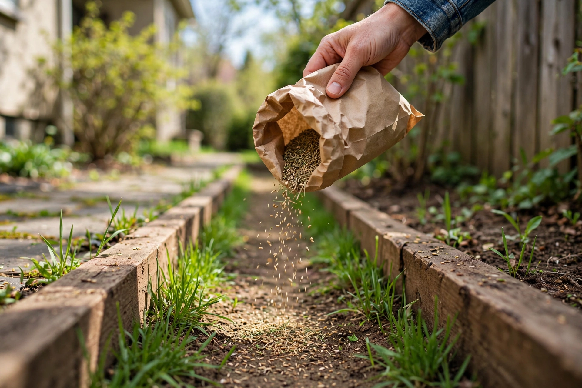 Narrow side yard strip with fresh grass growing between wooden edge boards