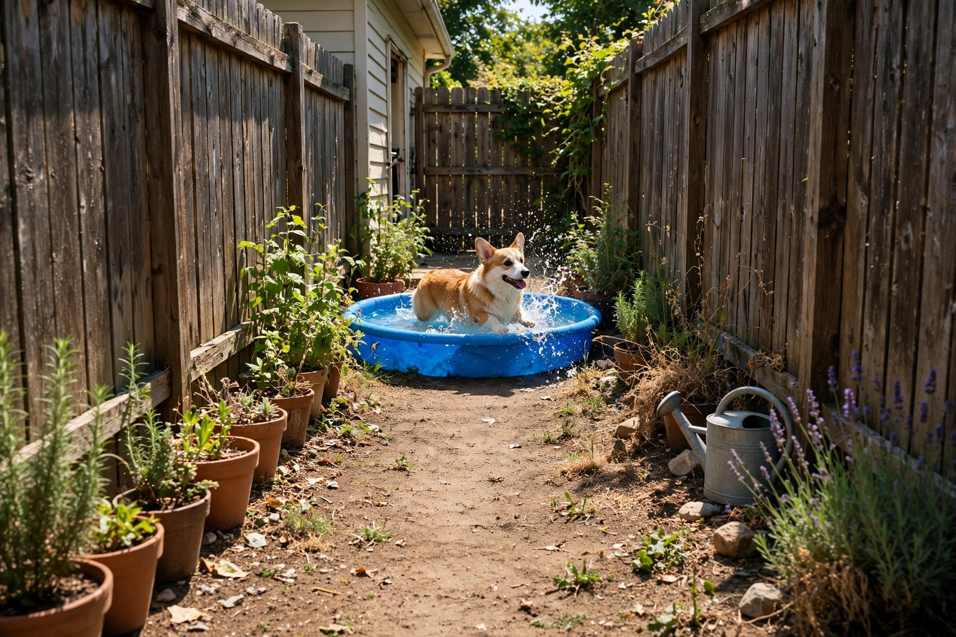 Corgi playing in a blue splash pool in a side yard dog run on a hot day