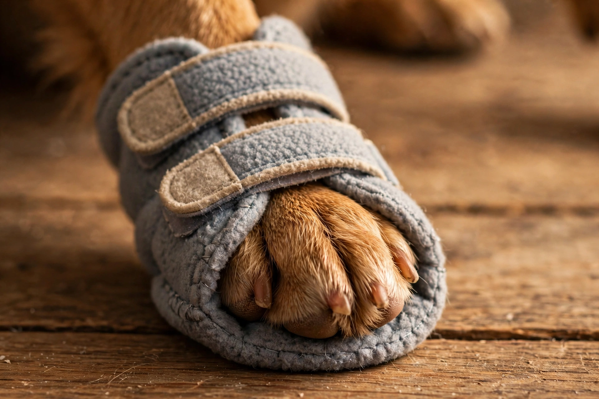Handmade polar fleece dog bootie with velcro straps