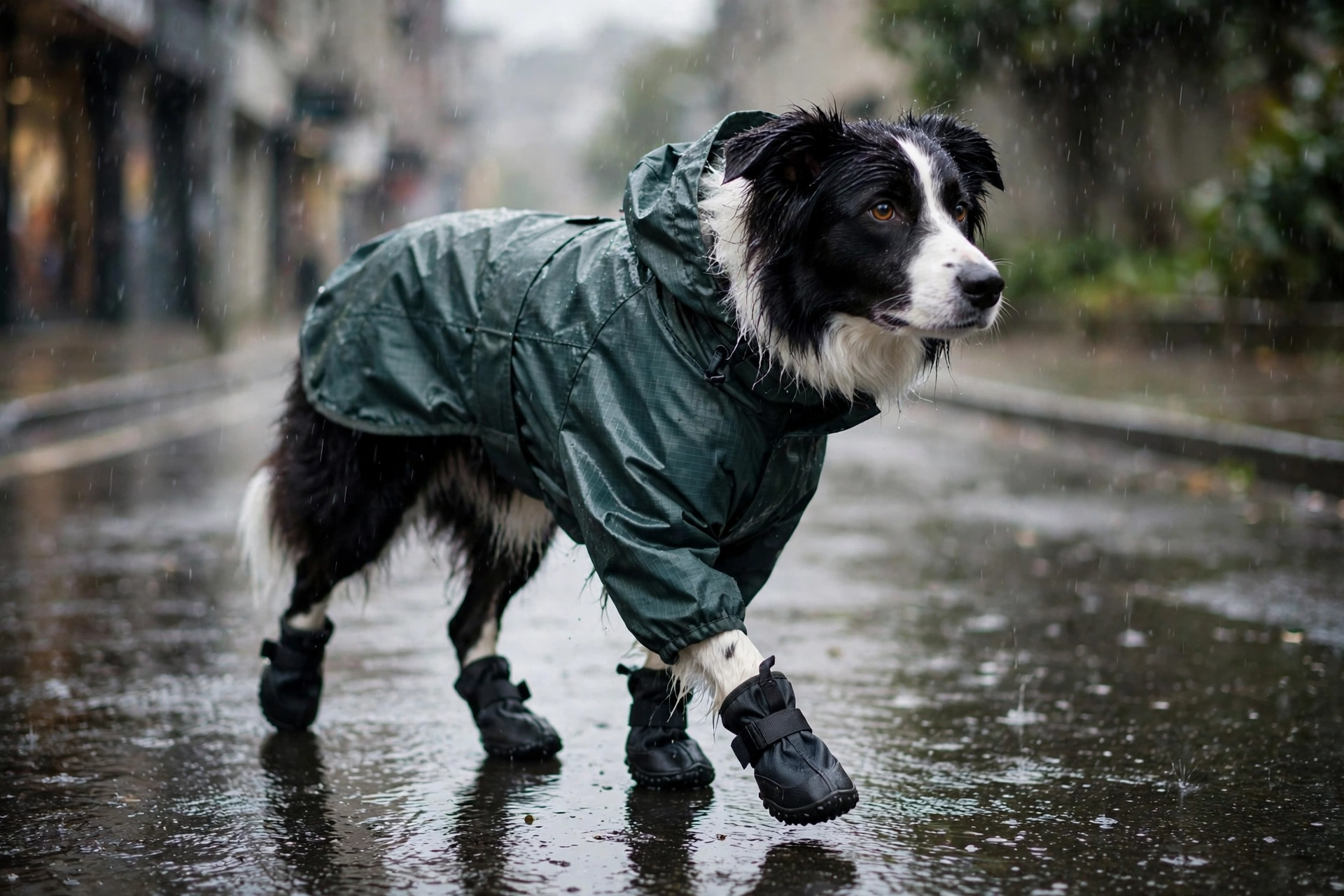 Dog wearing waterproof ripstop nylon boots walking in the rain