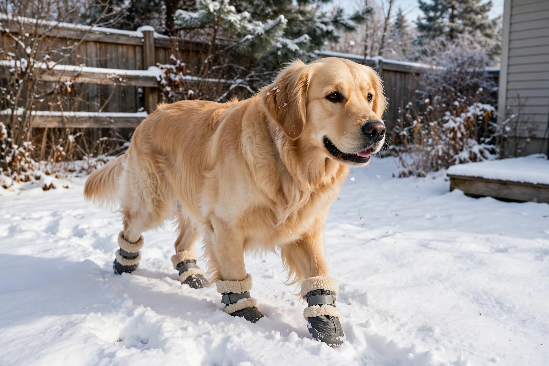 Golden retriever wearing fleece-lined winter dog booties in snow