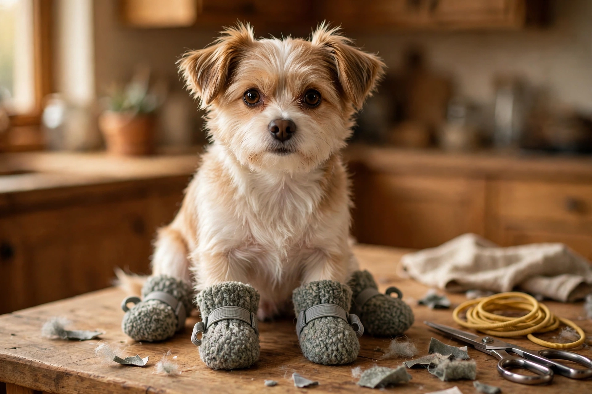 Dog booties with elastic straps made from recycled fleece fabric