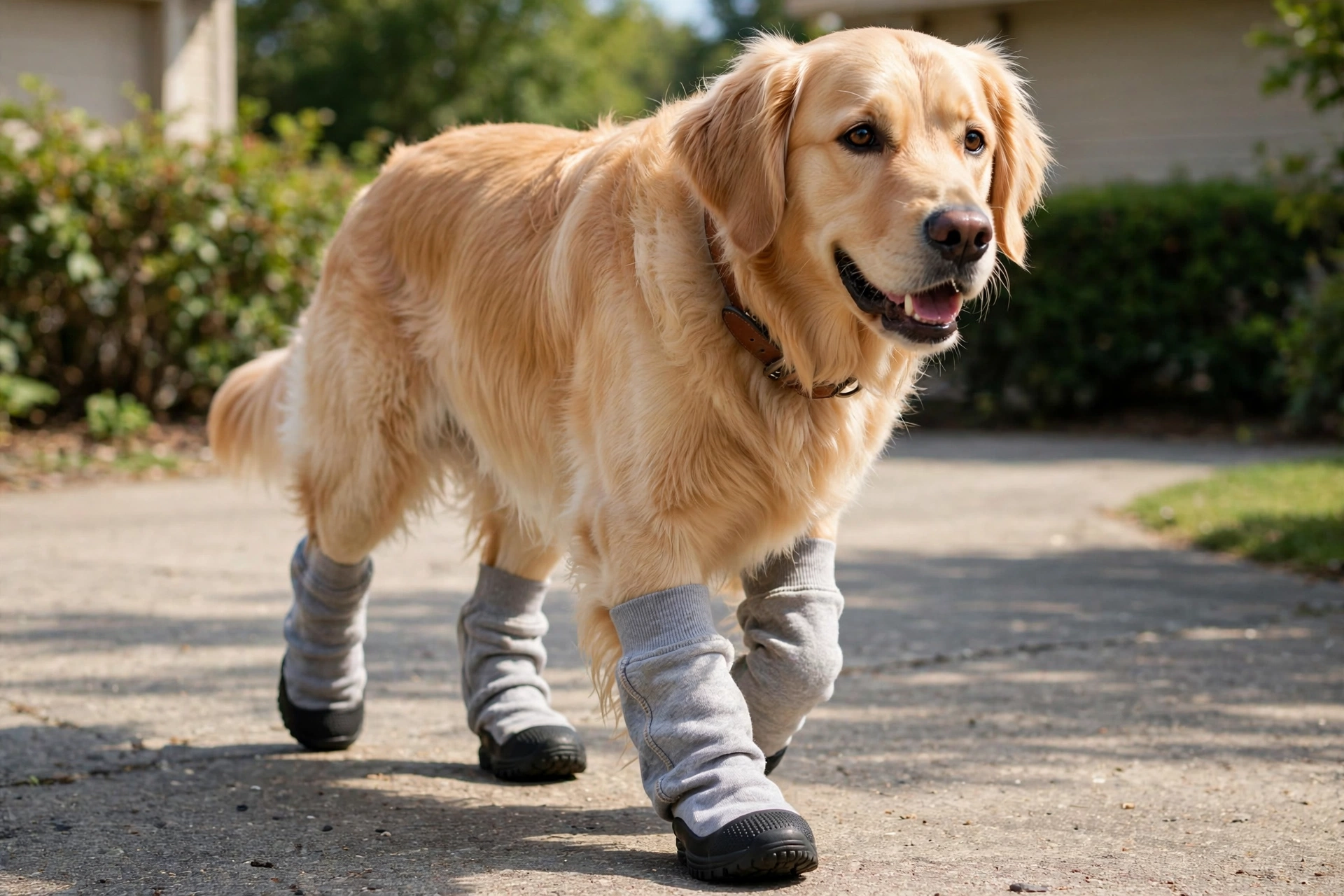 Dog wearing athletic booties made from sweatshirt sleeves with rubber soles
