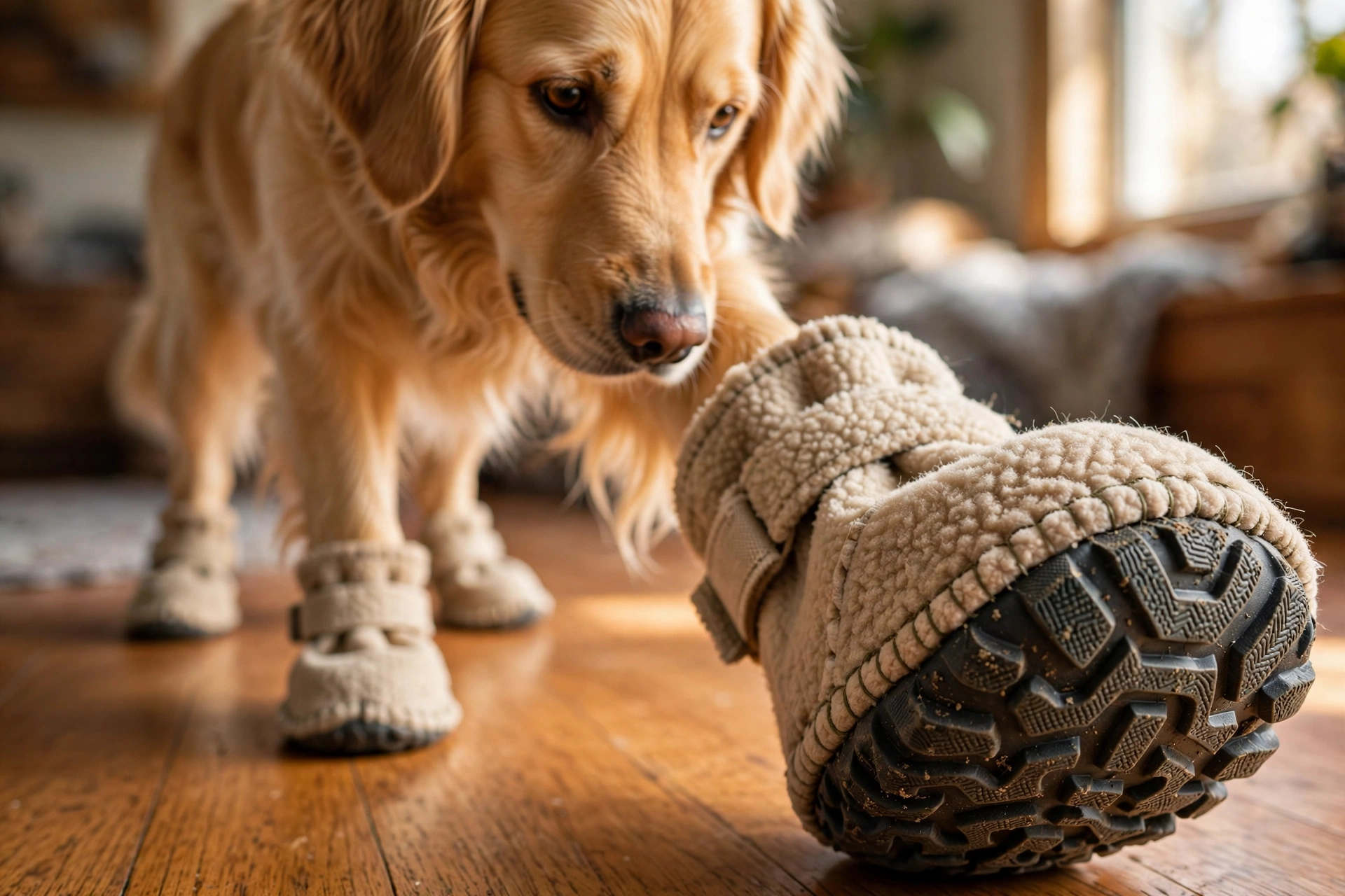 Close-up of fleece dog bootie with grippy textured sole