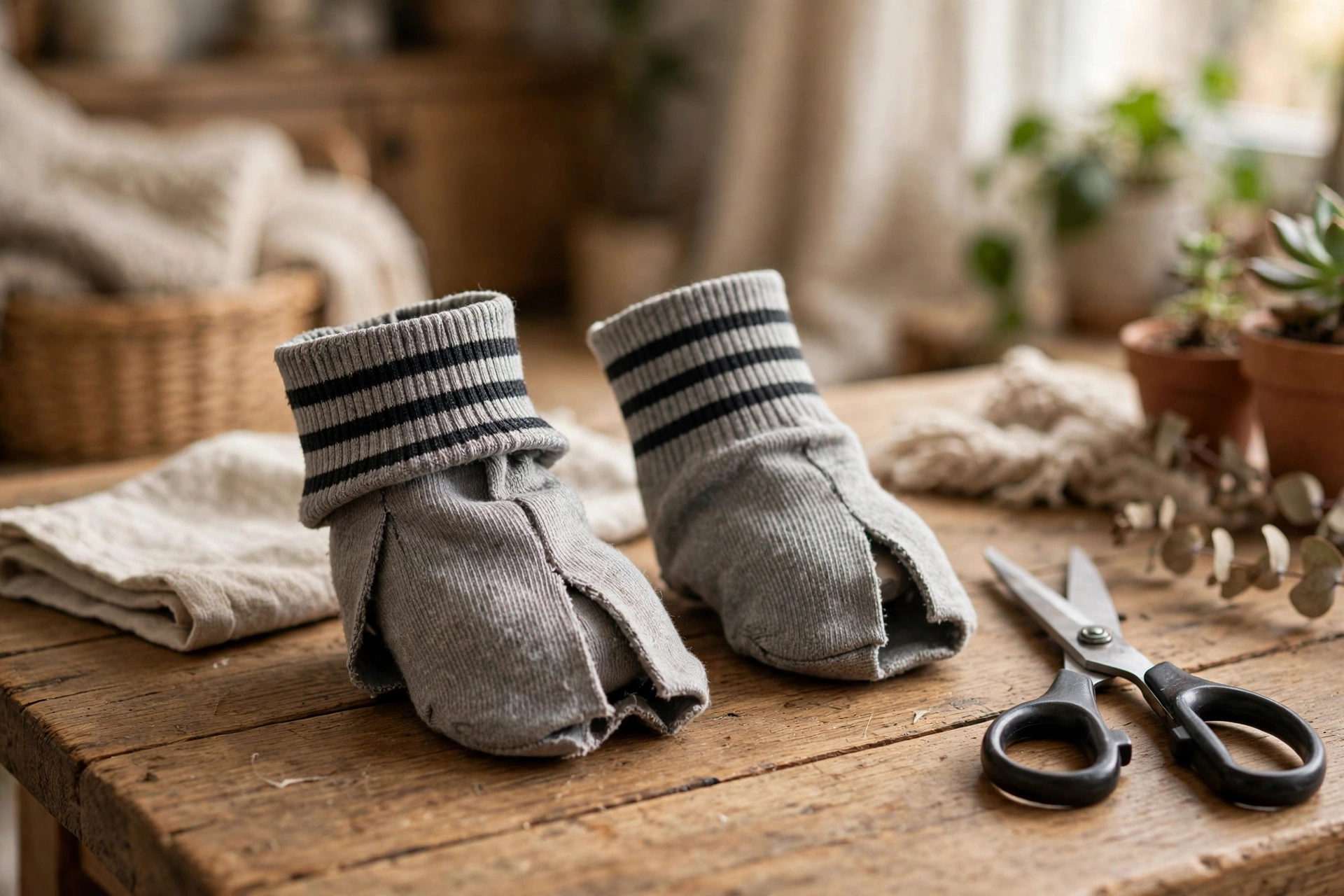 Tube socks cut and prepared as no-sew dog boots with scissors