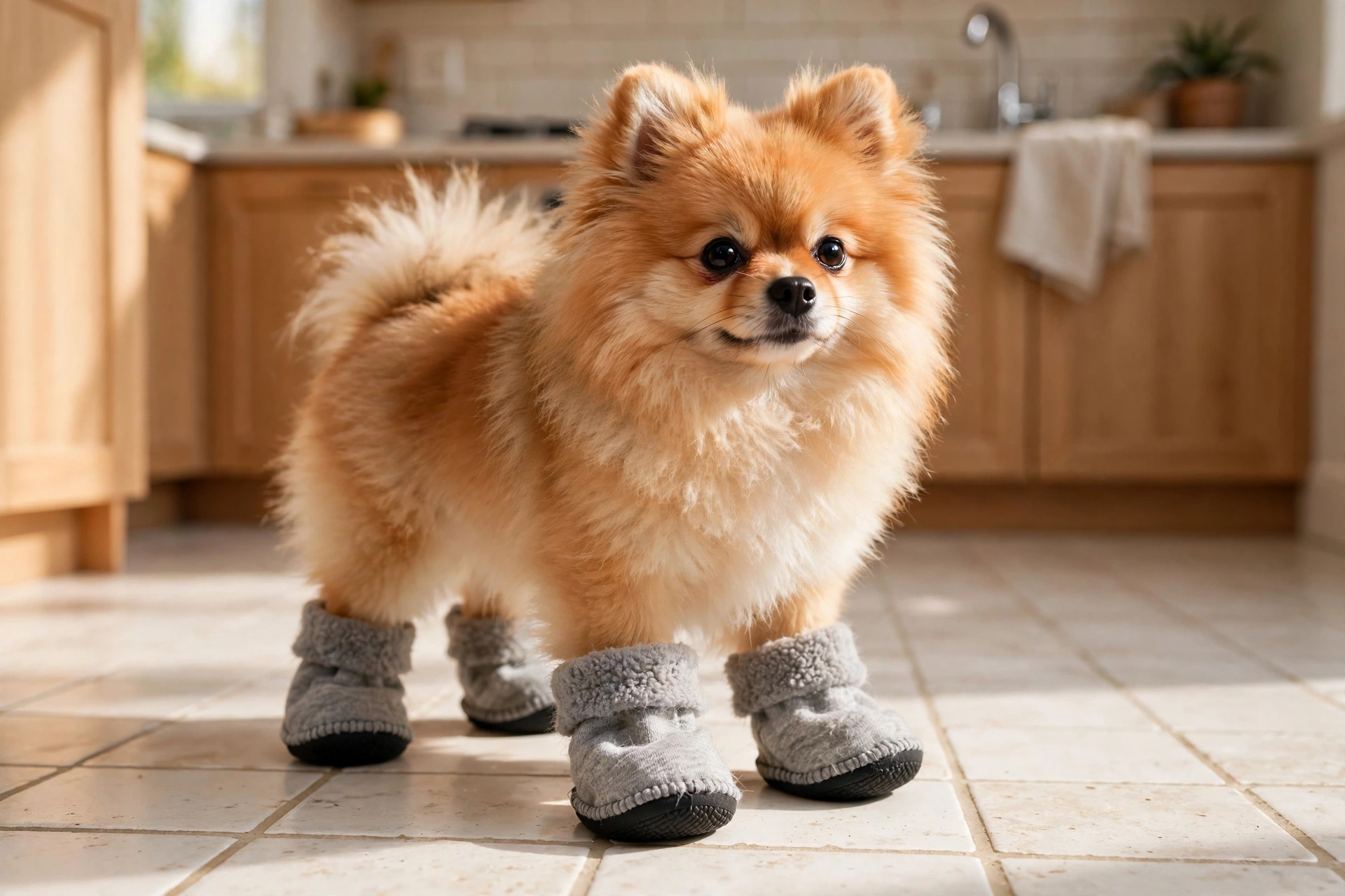 Small pomeranian wearing fuzzy booties made from sweatshirt material