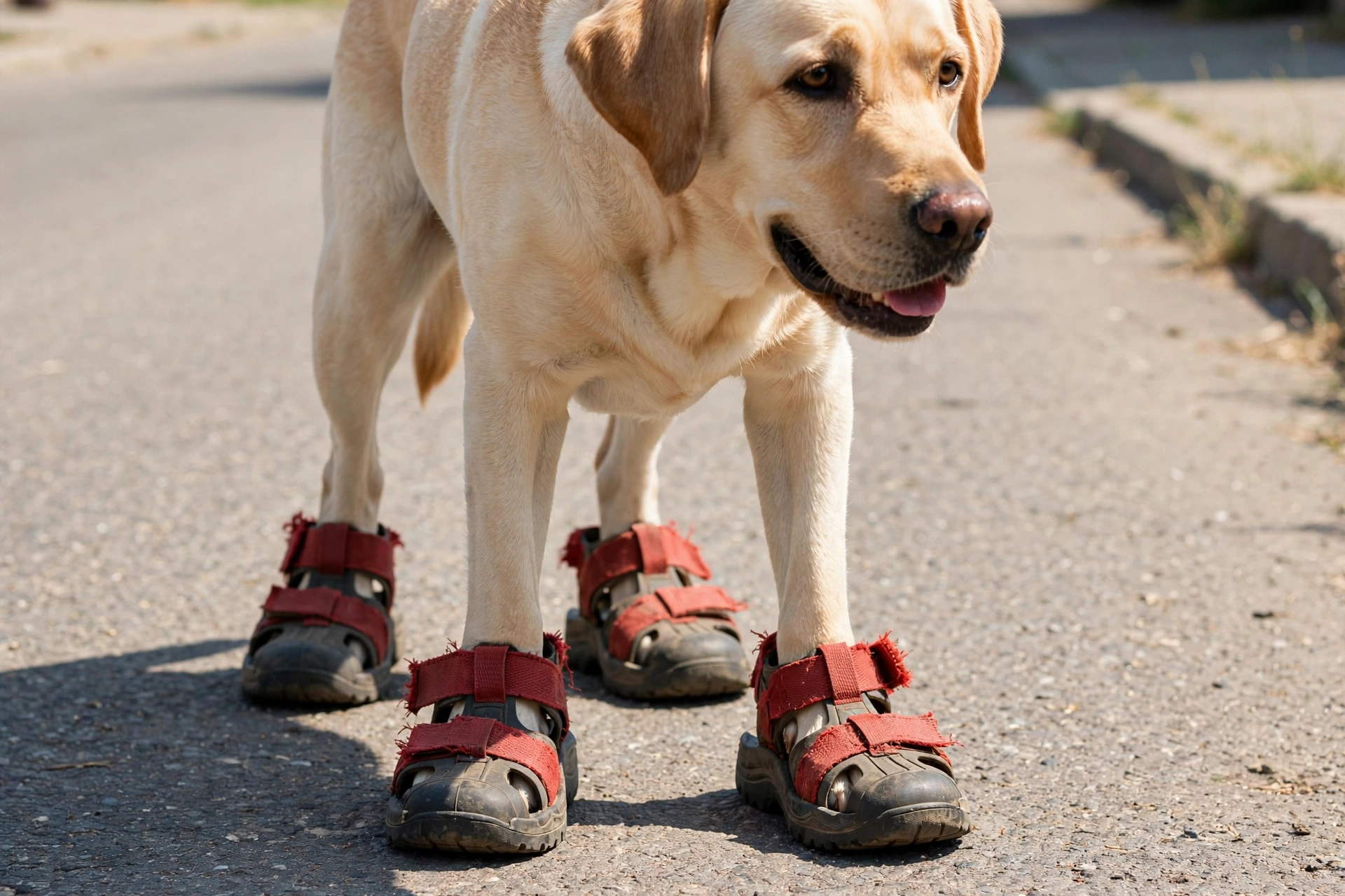 Labrador wearing rubber-soled DIY dog boots on hot pavement