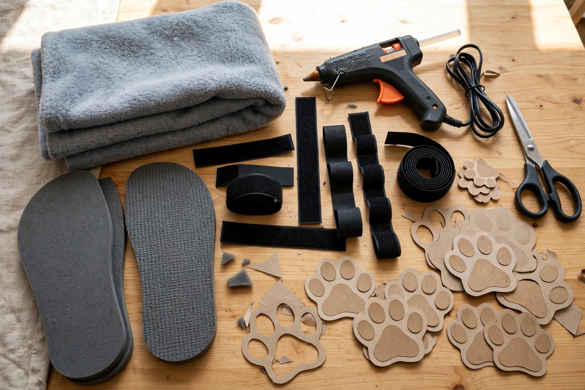 Flat lay of dog bootie craft materials: fleece, yoga mat, velcro, glue gun, scissors
