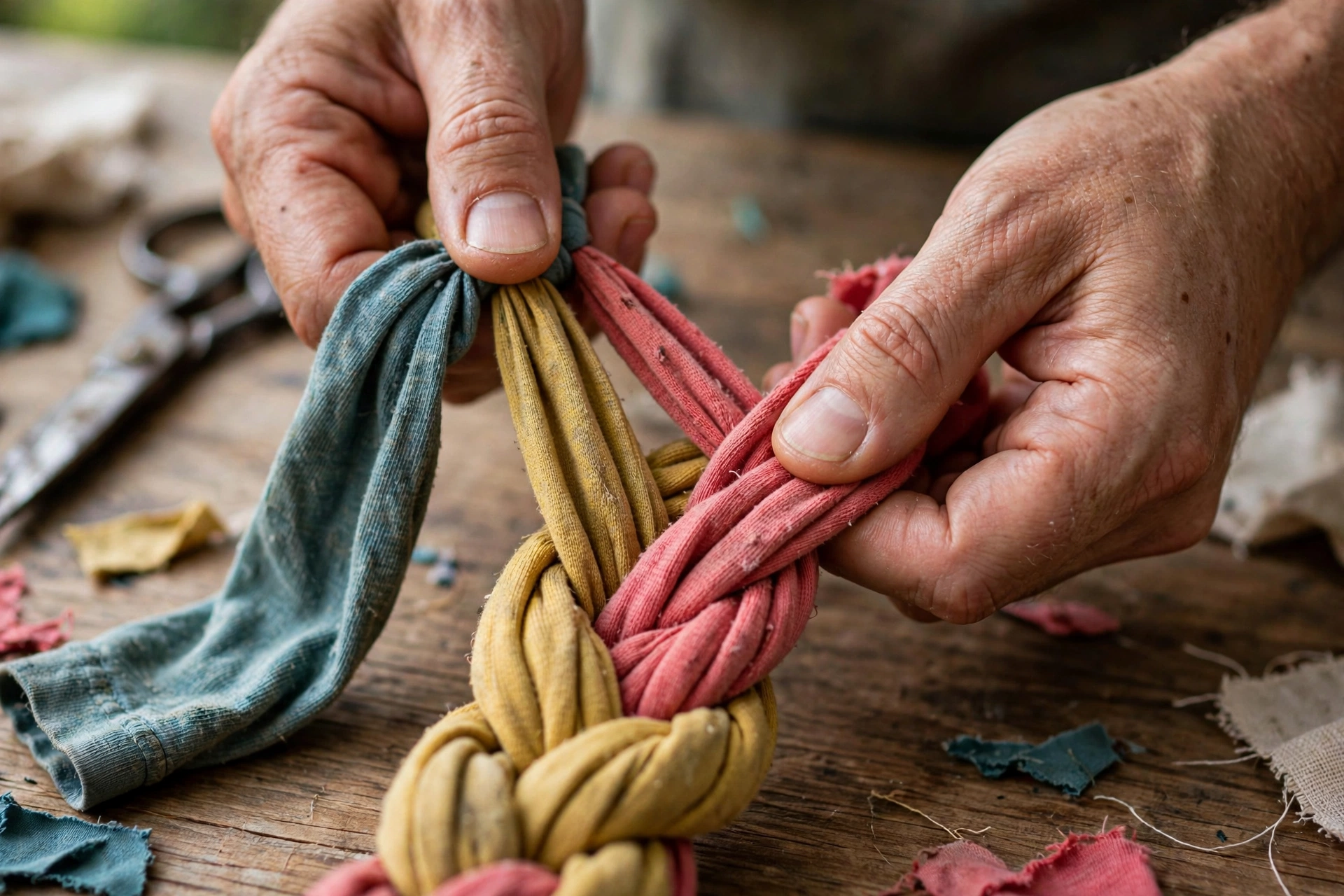 Hands braiding colorful old t-shirt strips into a tug rope dog toy