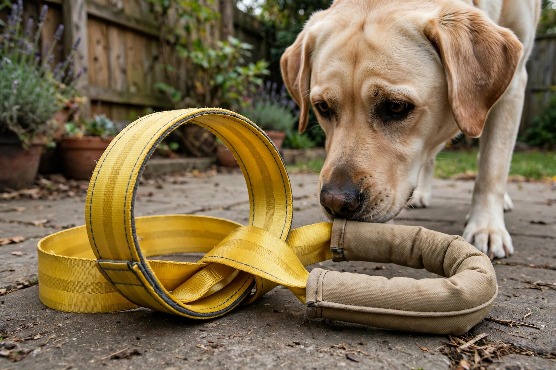 Homemade dog tug toy from a seatbelt strap with padded handle on a patio