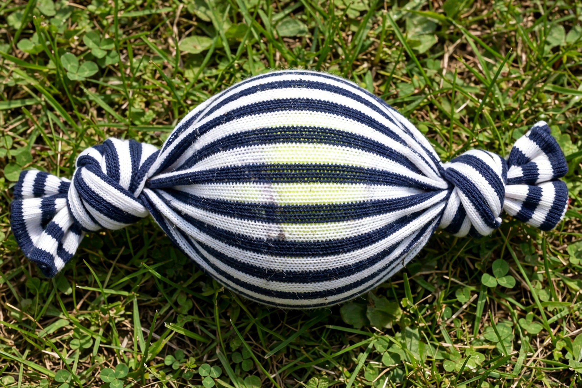 Tennis ball knotted inside a striped sock used as a homemade dog fetch toy on grass