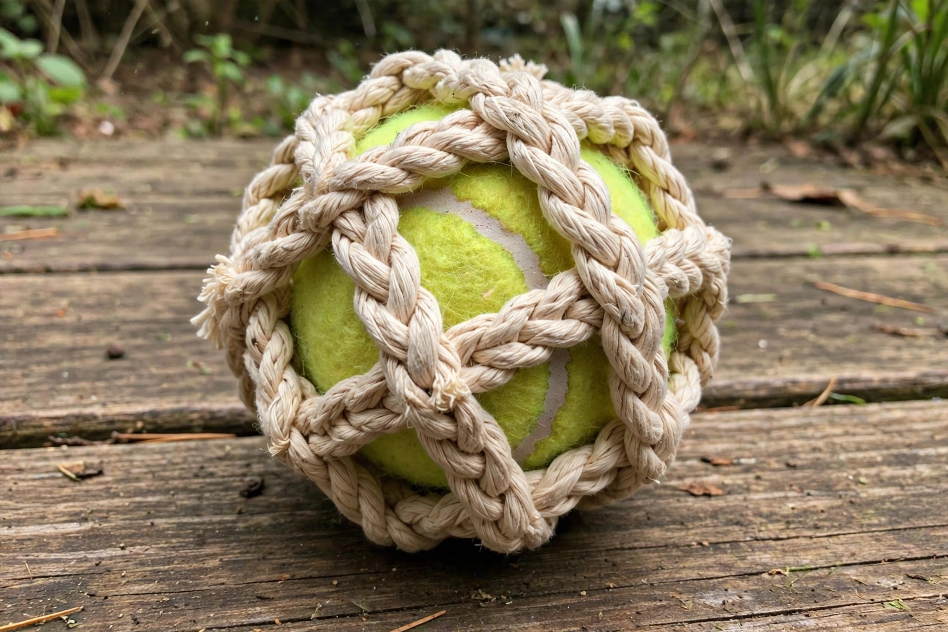 Tennis ball wrapped in a woven cage of braided cotton rope strands on a deck