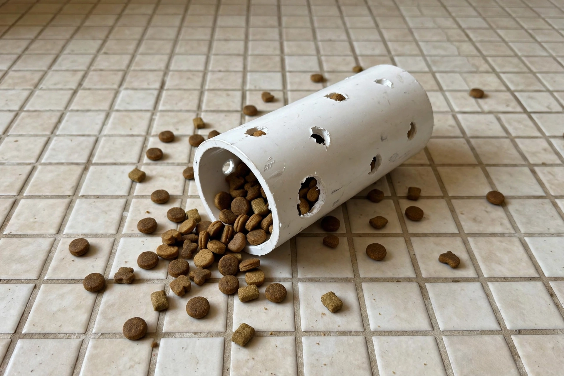 Homemade dog treat dispenser from a PVC pipe with holes and kibble on a kitchen floor