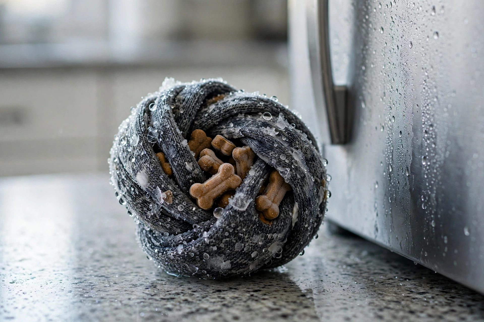 Frozen dog treat toy made from a wet knotted sock with treats inside on a kitchen counter