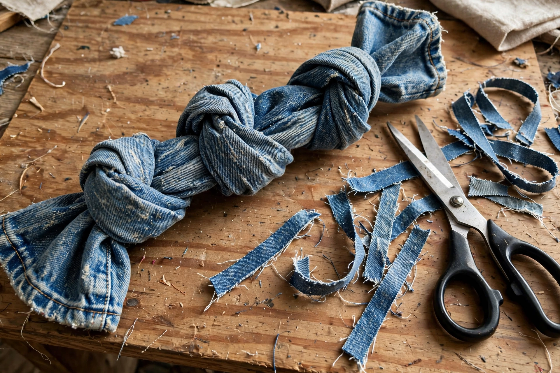 Homemade dog tug toy from an old jeans leg tied into fat knots with scissors on a craft table