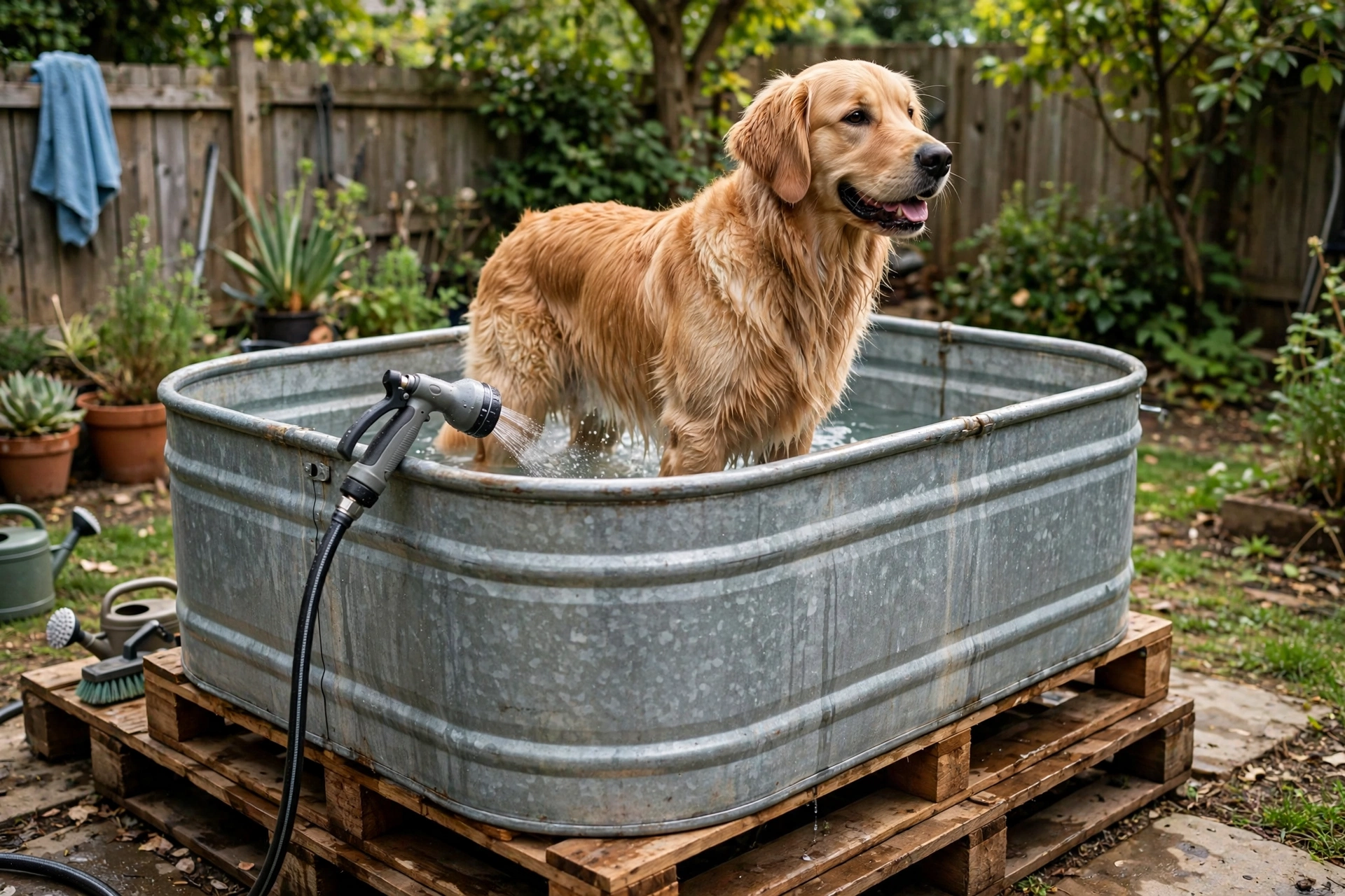 Galvanized stock tank dog wash station on wooden pallets with golden retriever