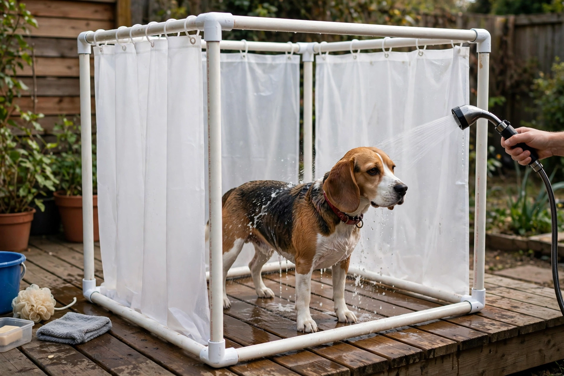PVC pipe dog shower frame with shower curtain on a wooden deck