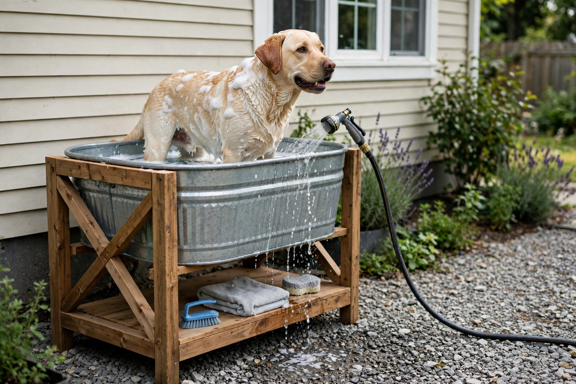 Freestanding utility tub dog wash station beside a house with garden hose