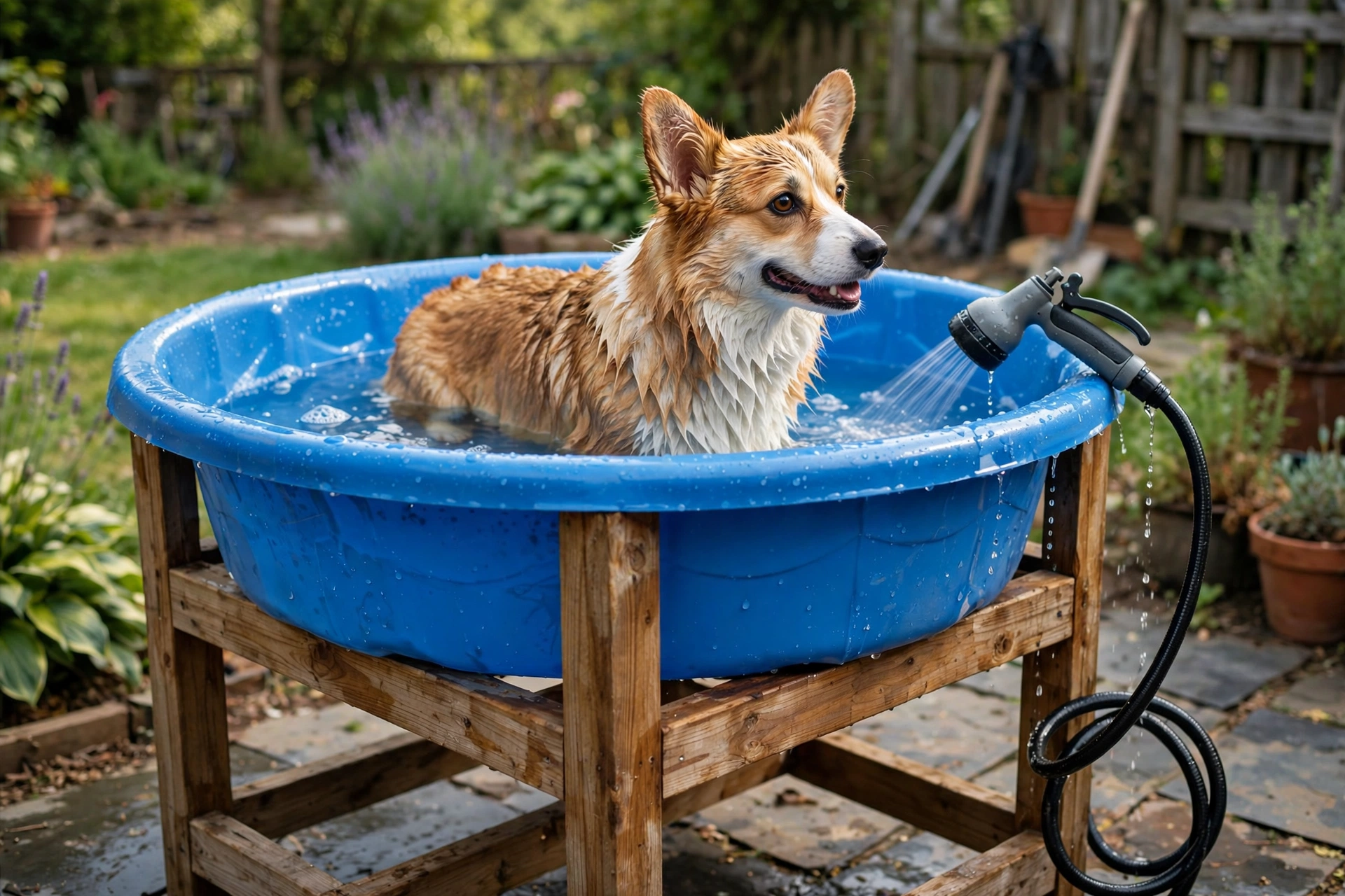 Elevated kiddie pool dog bath on a wooden stand with handheld sprayer