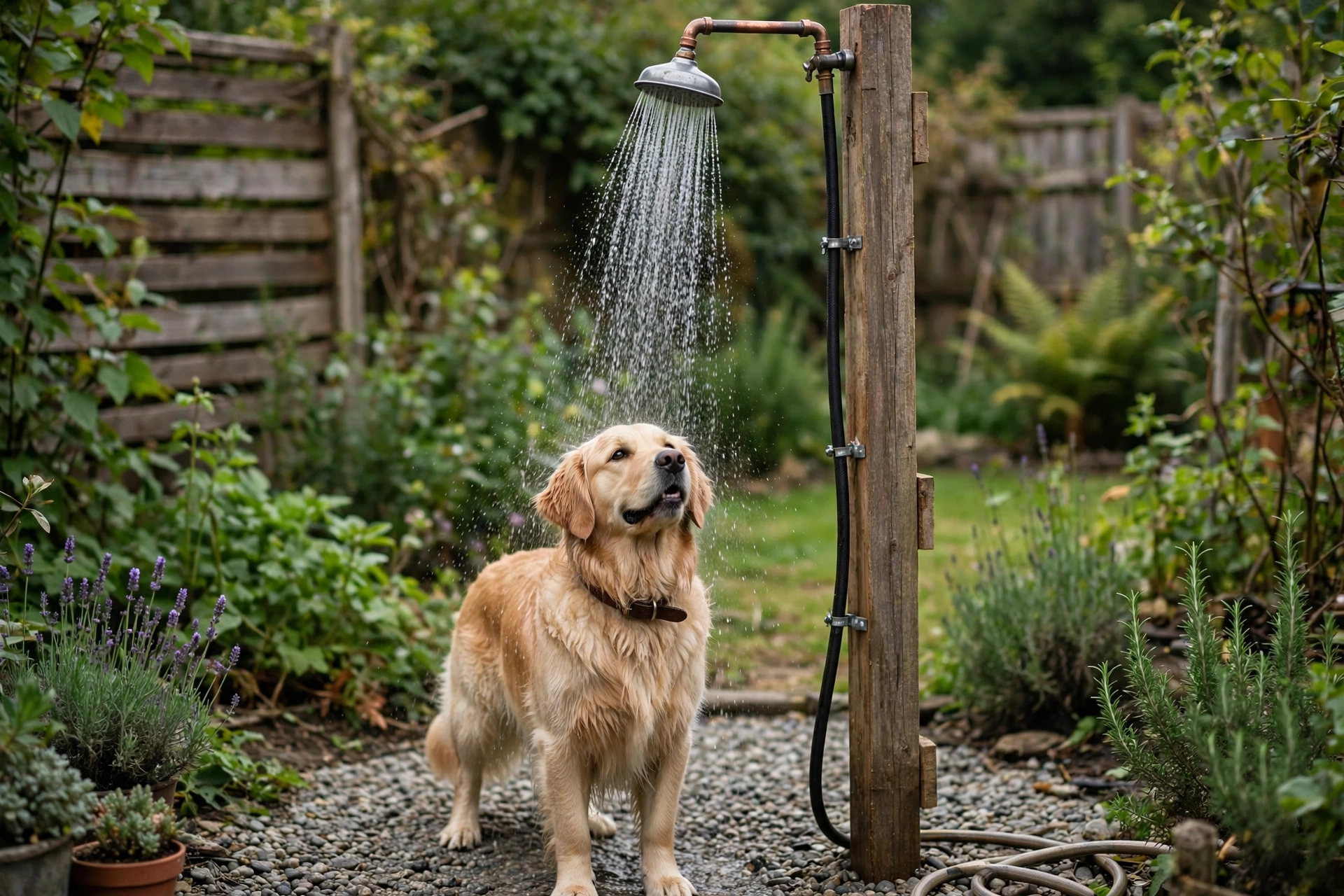 DIY garden post dog shower tower with gravel base in a backyard
