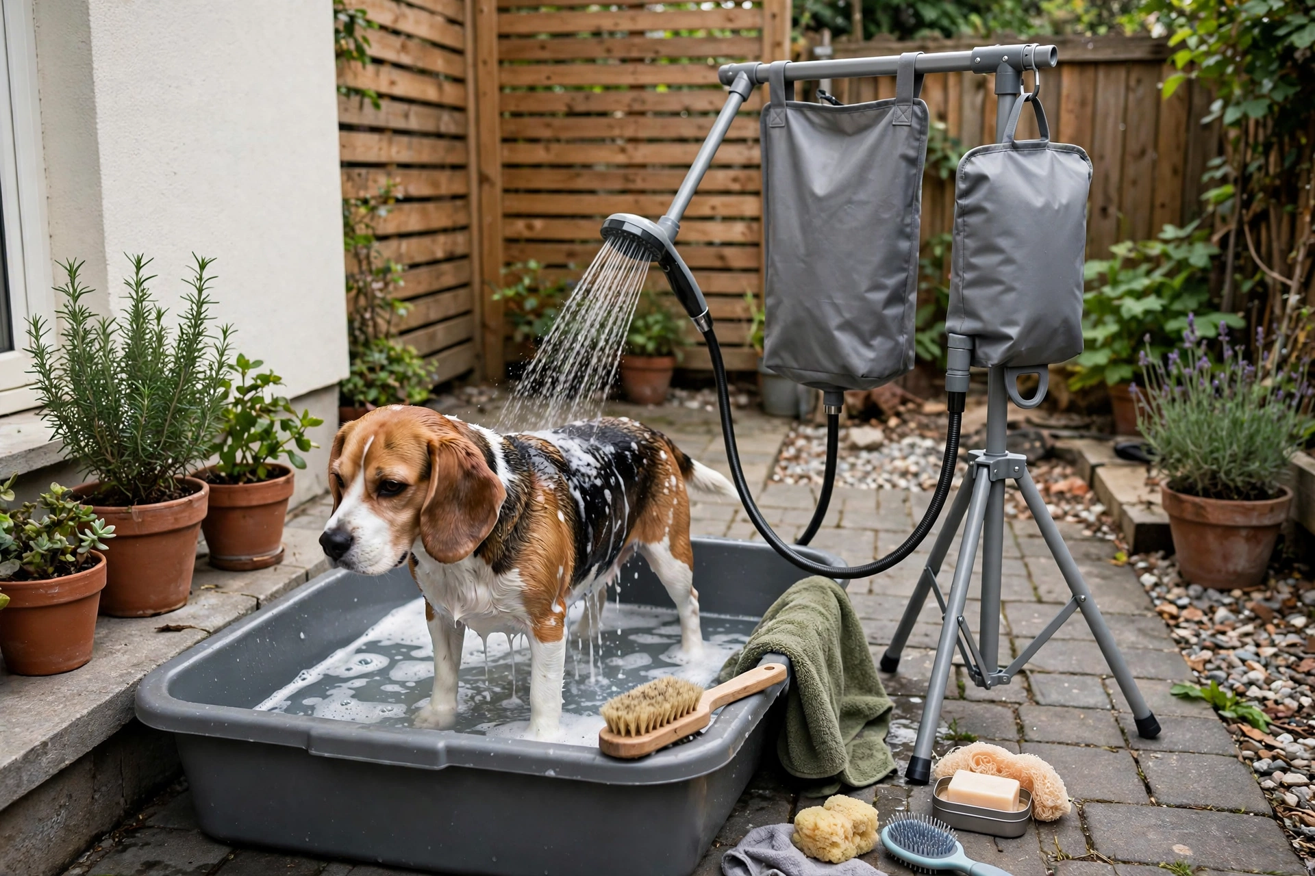 Portable foldable camping shower used as a dog wash station on a small patio