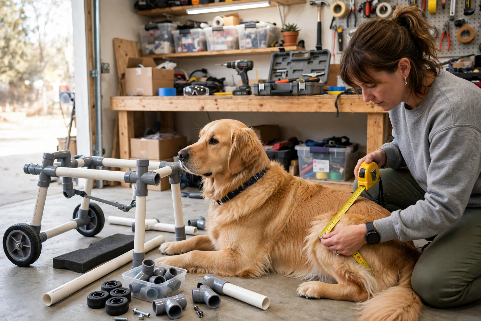 Dog owner measuring a golden retriever's hips and back legs with a yellow measuring tape next to a PVC wheelchair frame
