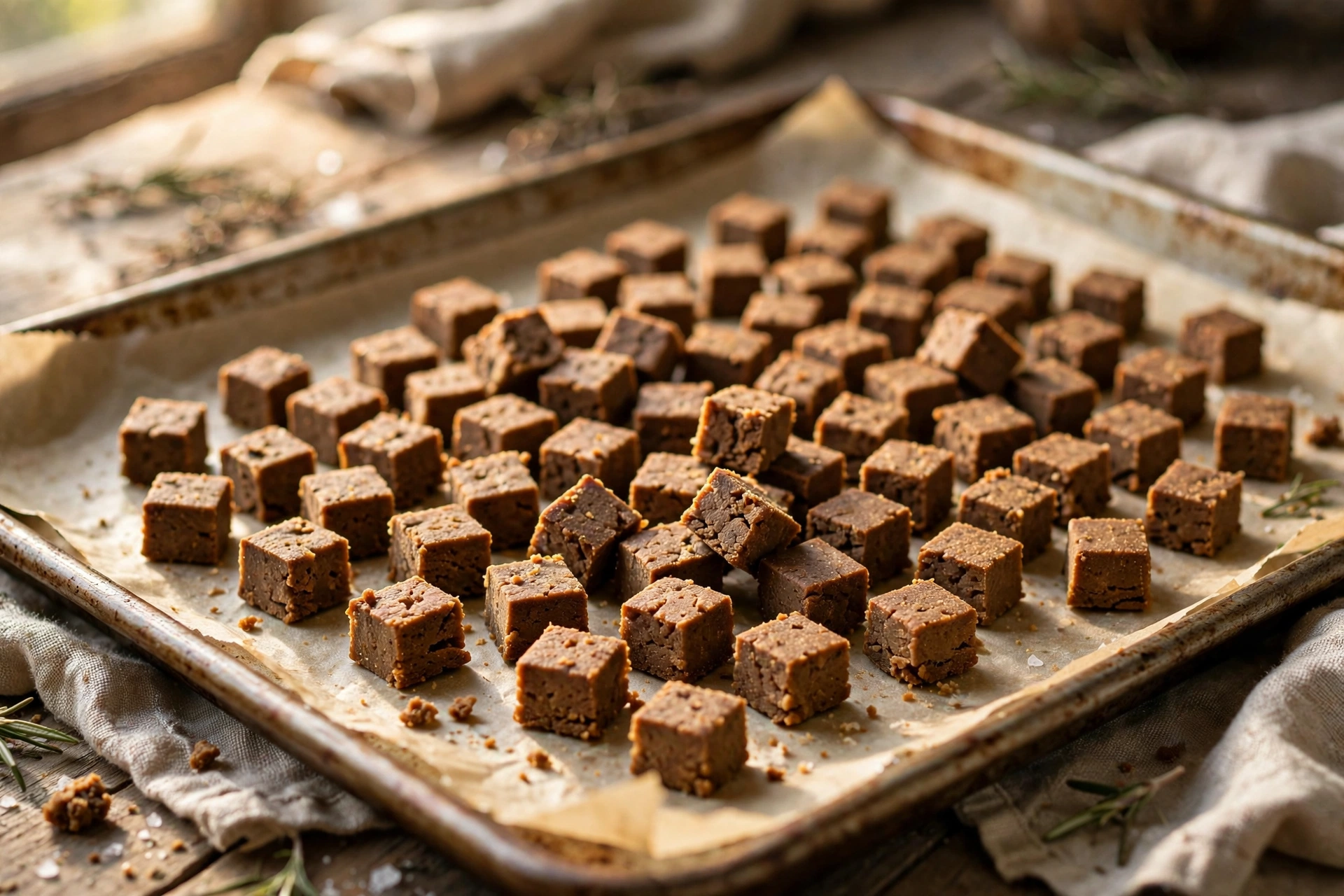 Baked chicken liver dog treats cut into tiny training-size squares on a baking sheet