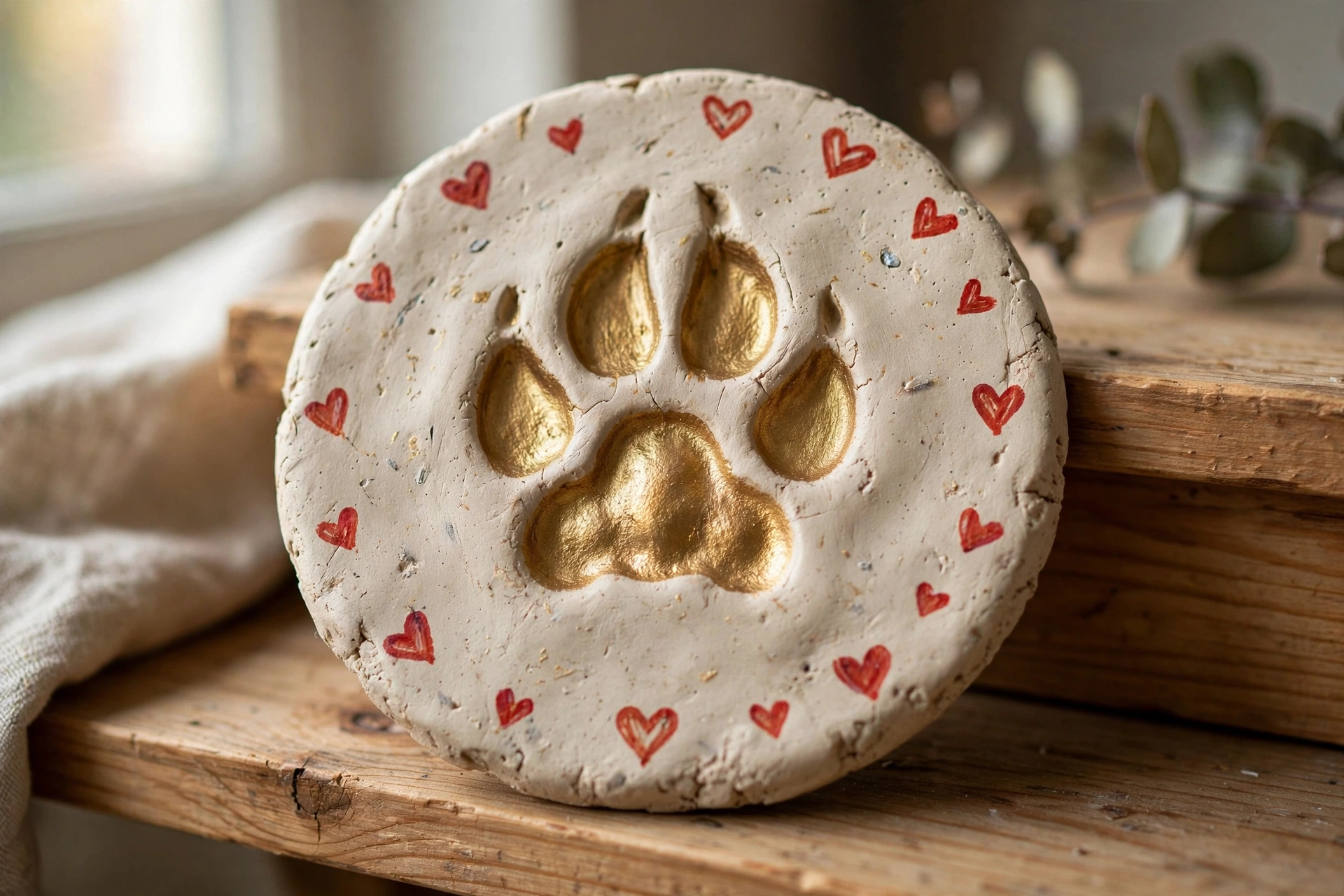 Handmade clay plaque with a gold-painted dog paw print and small painted hearts around the border