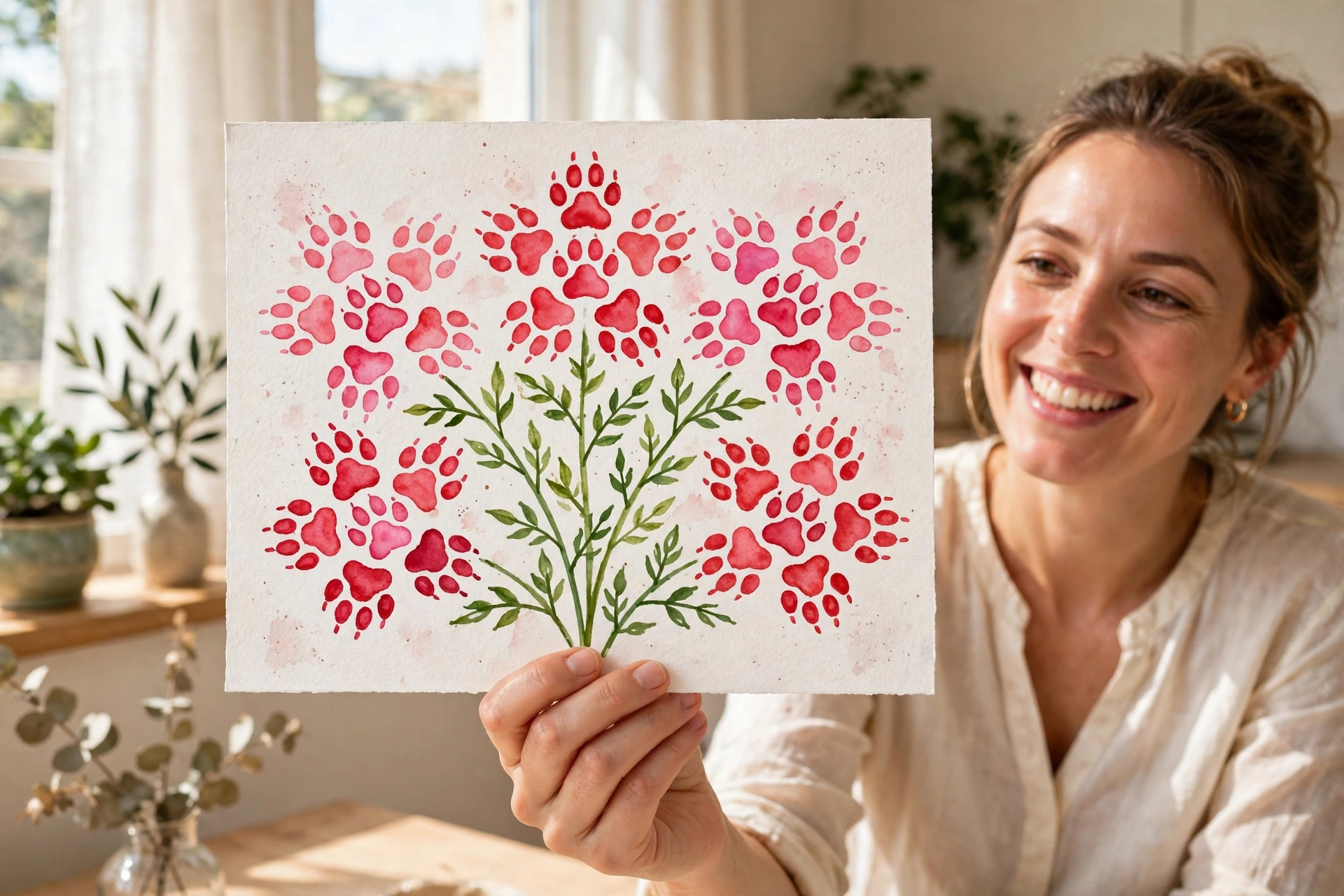 Handmade painting of pink dog paw prints arranged as flowers with green painted stems and leaves