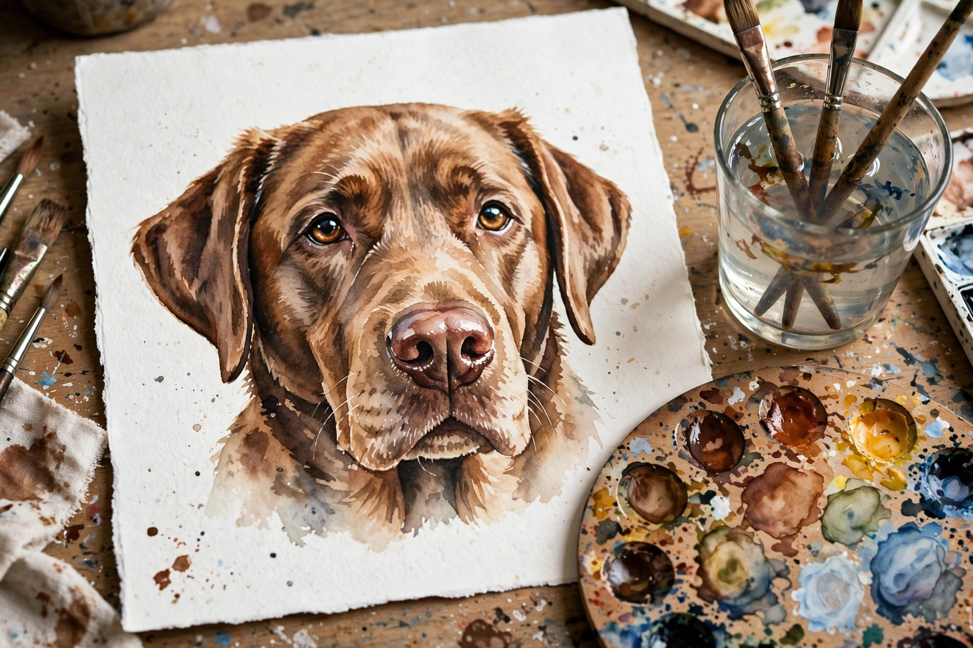 Hand-painted watercolor portrait of a brown labrador on white paper with paint supplies on a desk