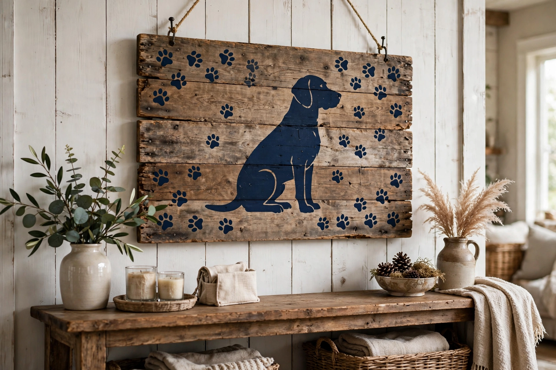 Rustic wooden wall sign with a stenciled navy dog silhouette and small paw print stencils
