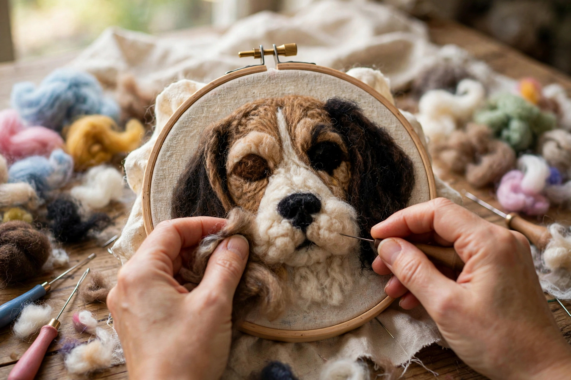 Hands needle felting a wool portrait of a beagle inside a round wooden embroidery hoop