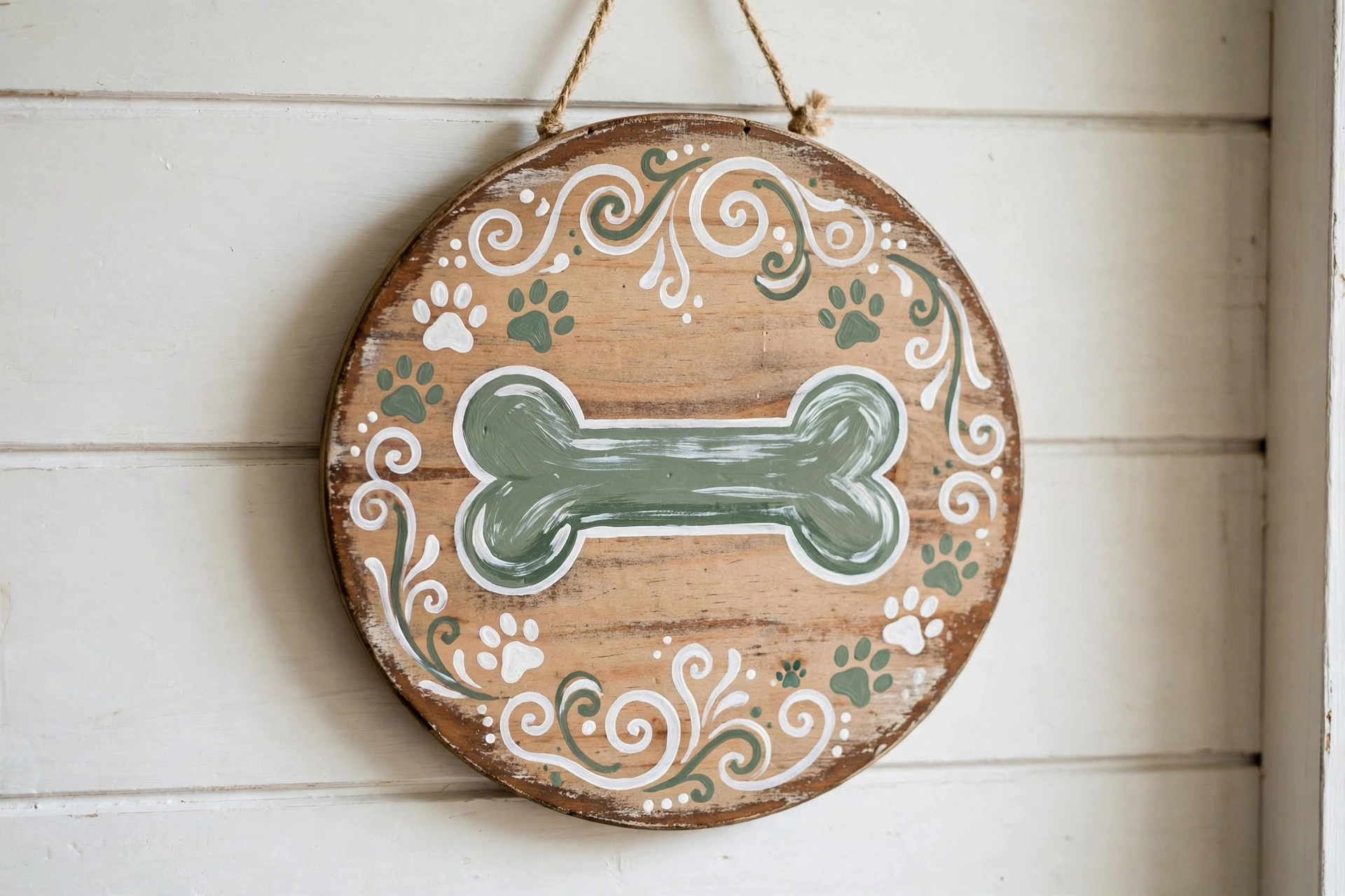 Hand-painted round wooden plaque with dog bone and paw print motifs in white and sage green