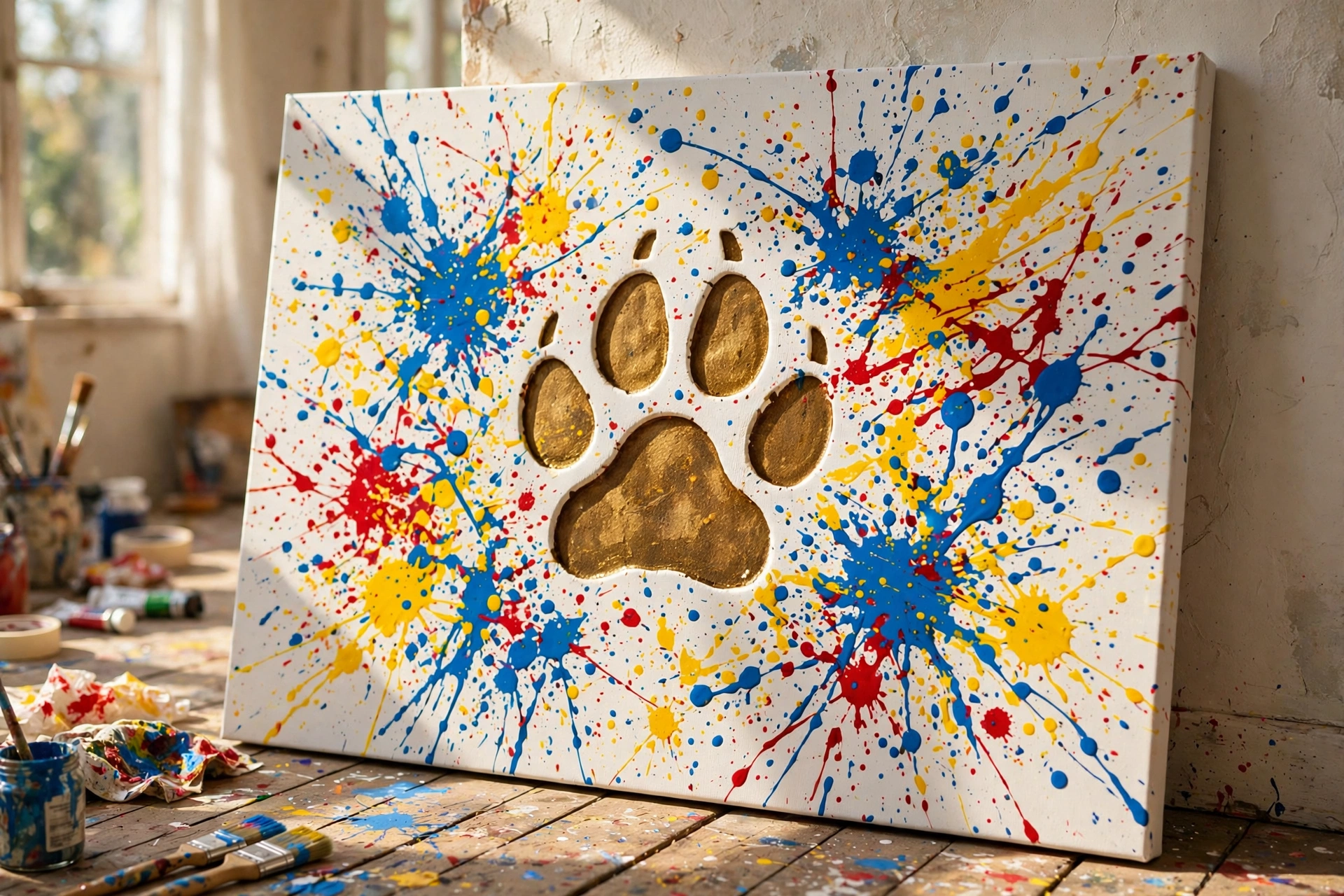 Large white canvas with bright colorful splatter paint and a golden retriever paw print stamped in the center