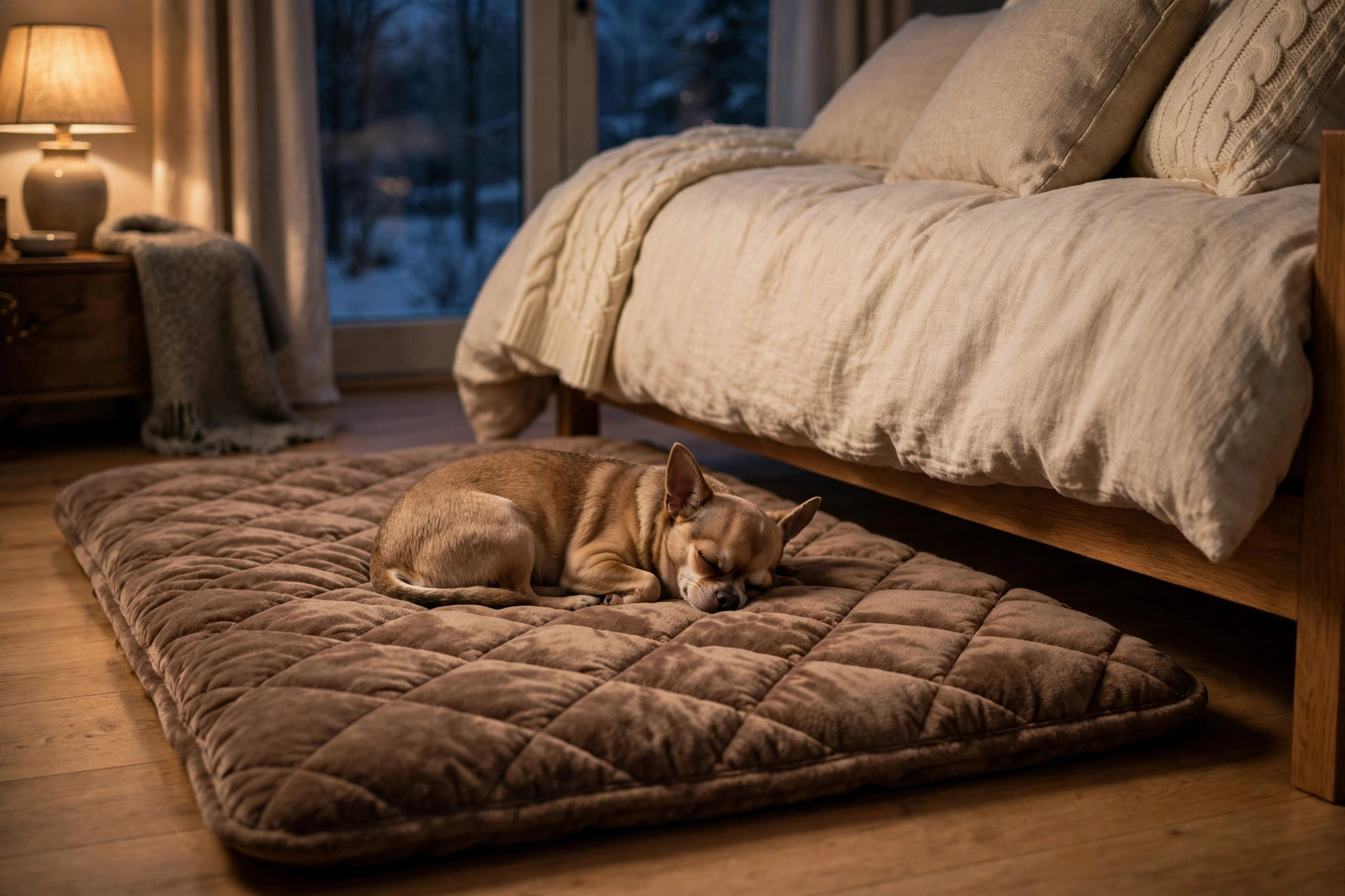 Self-warming quilted dog mat beside a bed