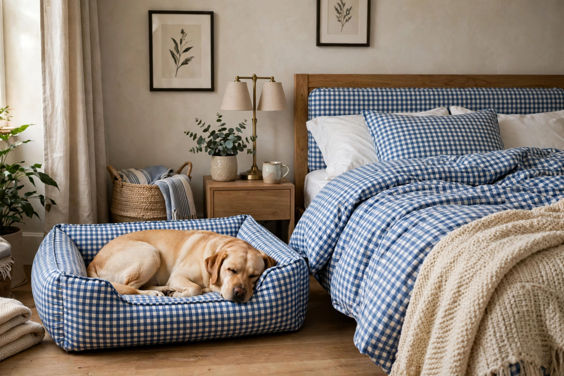Stylish dog bed beside a human bed with matching blue and white bedding, labrador sleeping on it